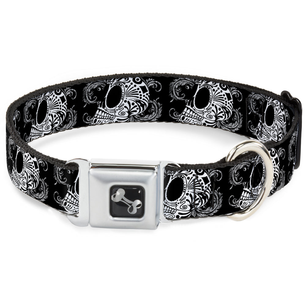Dog Bone Seatbelt Buckle Collar - Tattoo Skull Floral Black/White
