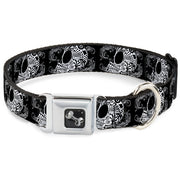 Dog Bone Seatbelt Buckle Collar - Tattoo Skull Floral Black/White
