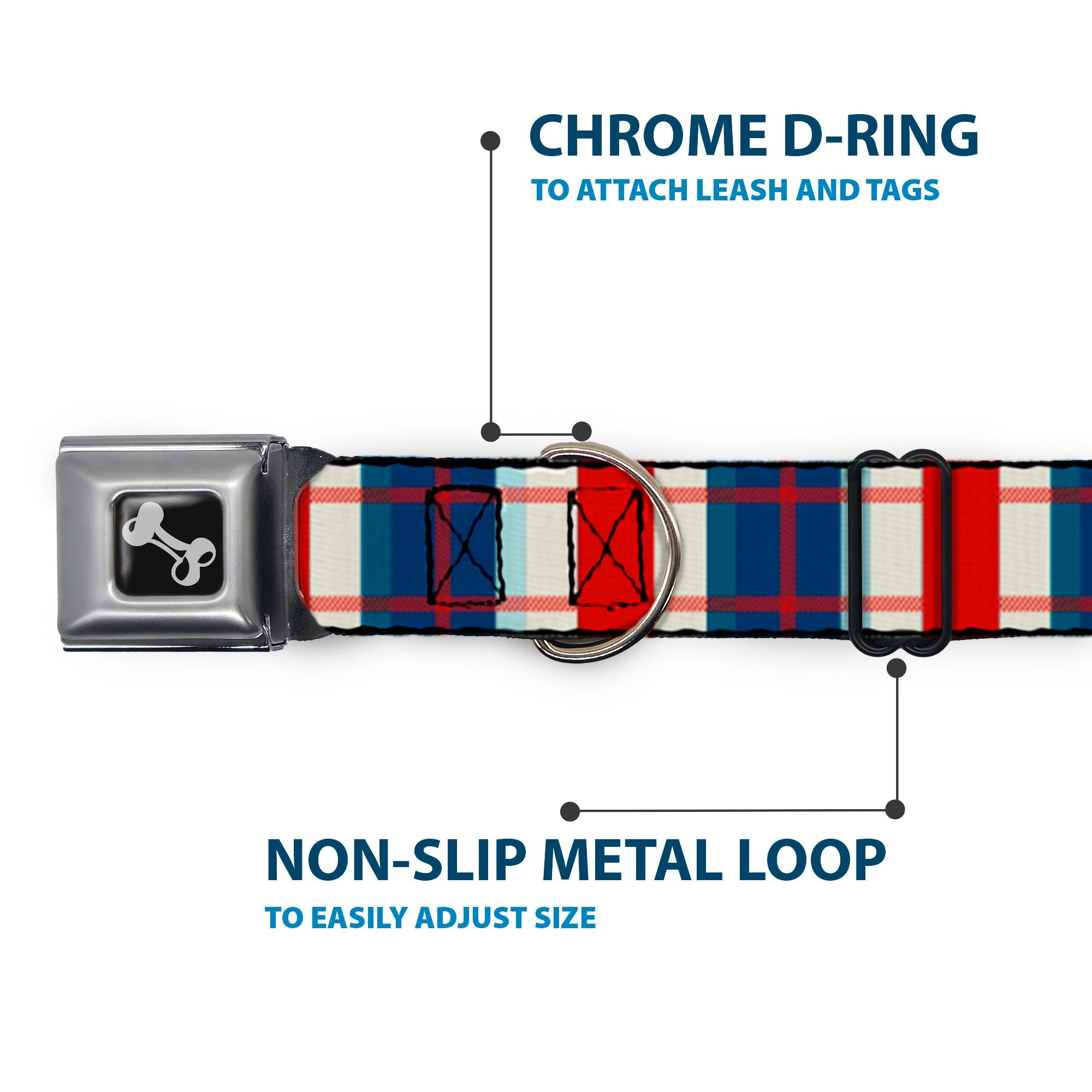 Dog Bone Seatbelt Buckle Collar - Tartan Plaid Khaki/Blues/Red