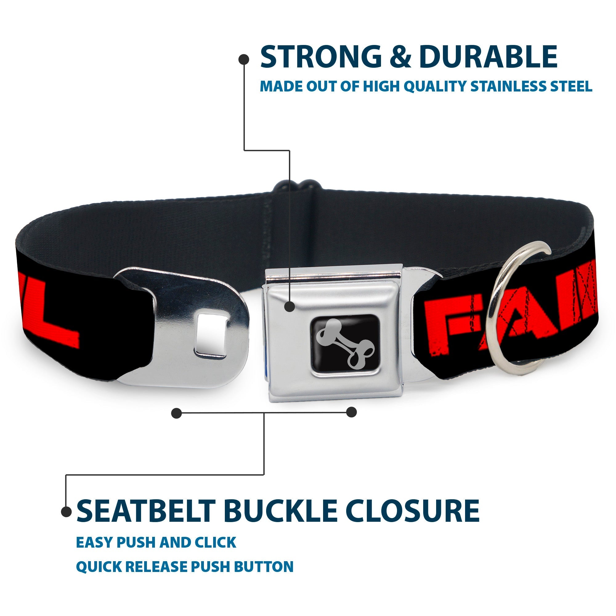 Dog Bone Seatbelt Buckle Collar - TOO EPIC TO FAIL Weathered Black/Red