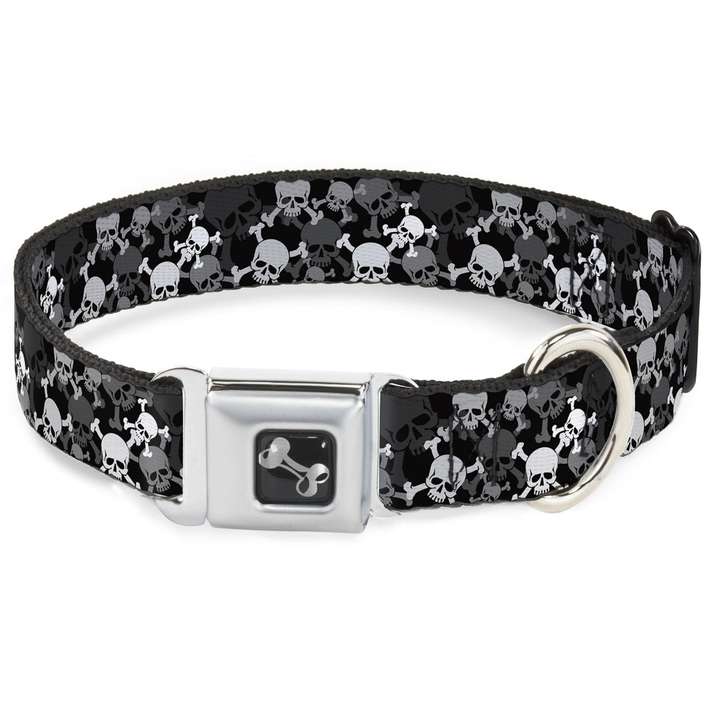 Dog Bone Seatbelt Buckle Collar - Top Skulls Stacked Black/Gray/White