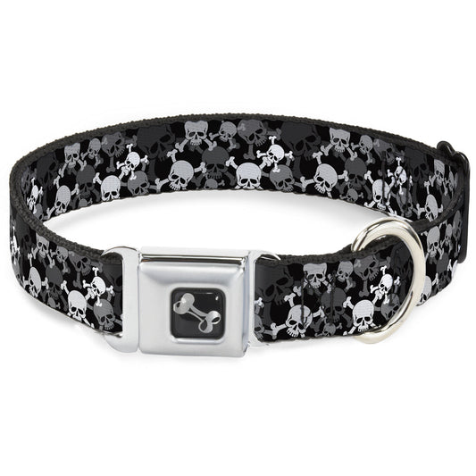 Dog Bone Seatbelt Buckle Collar - Top Skulls Stacked Black/Gray/White