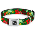 Load image into Gallery viewer, Dog Bone Seatbelt Buckle Collar - Tropical Flora Greens/Reds/Gold
