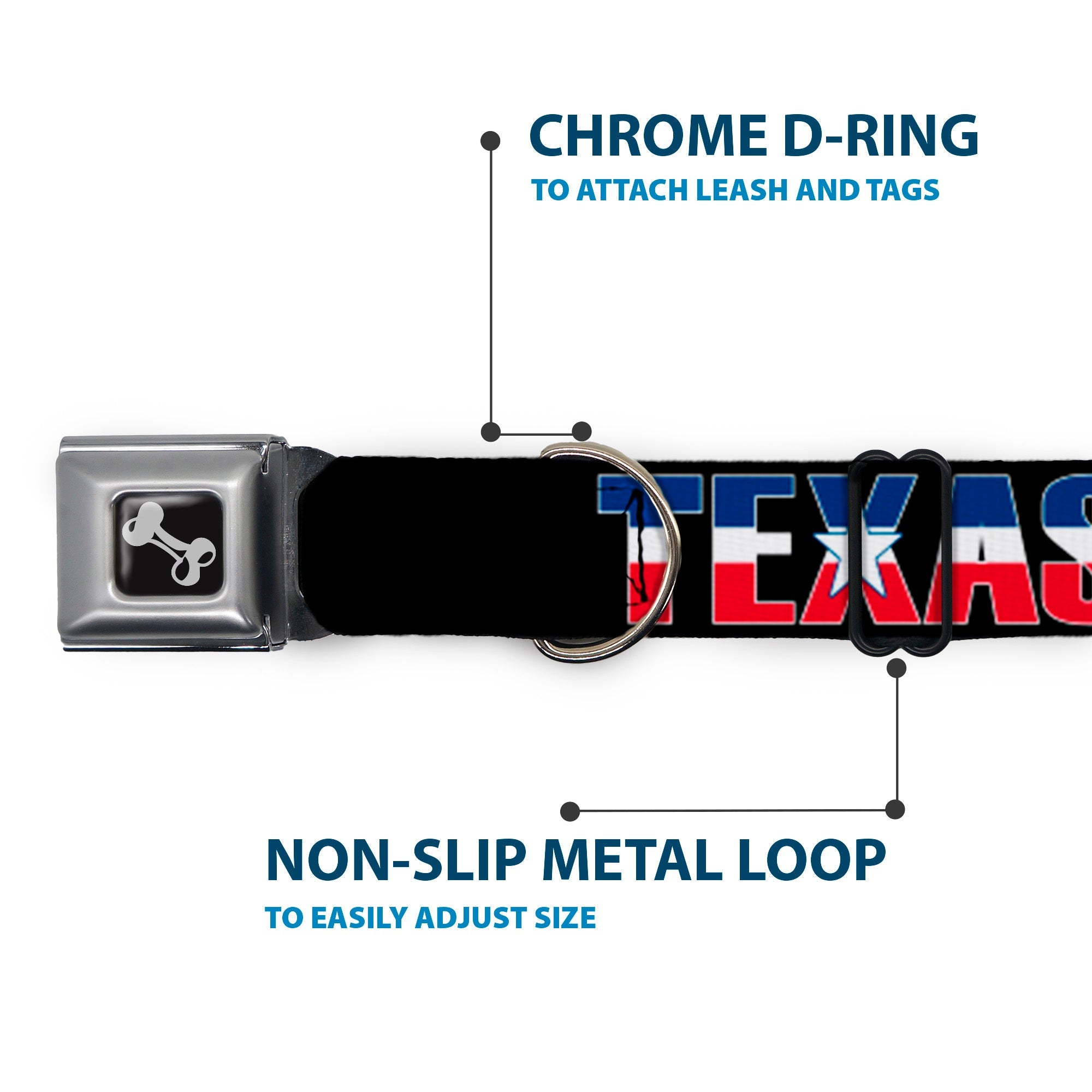 Dog Bone Seatbelt Buckle Collar - TEXAS w/Star Black/White/Blue/Red