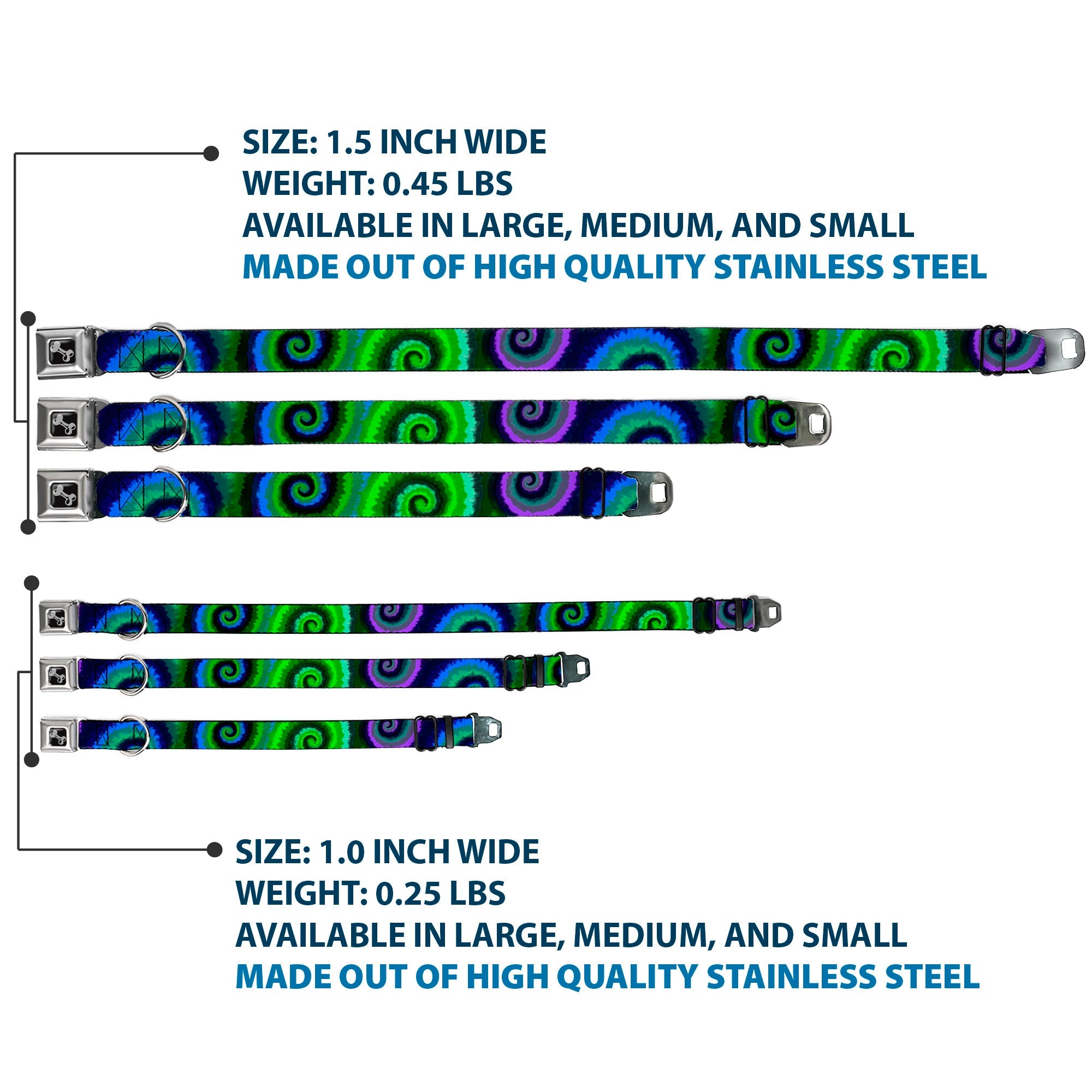 Dog Bone Seatbelt Buckle Collar - Tie Dye Swirl Green/Blue/Purple