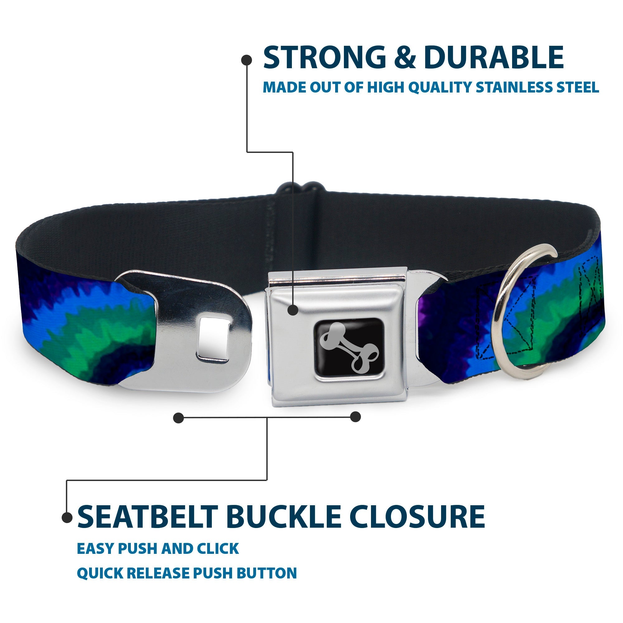 Dog Bone Seatbelt Buckle Collar - Tie Dye Swirl Green/Blue/Purple