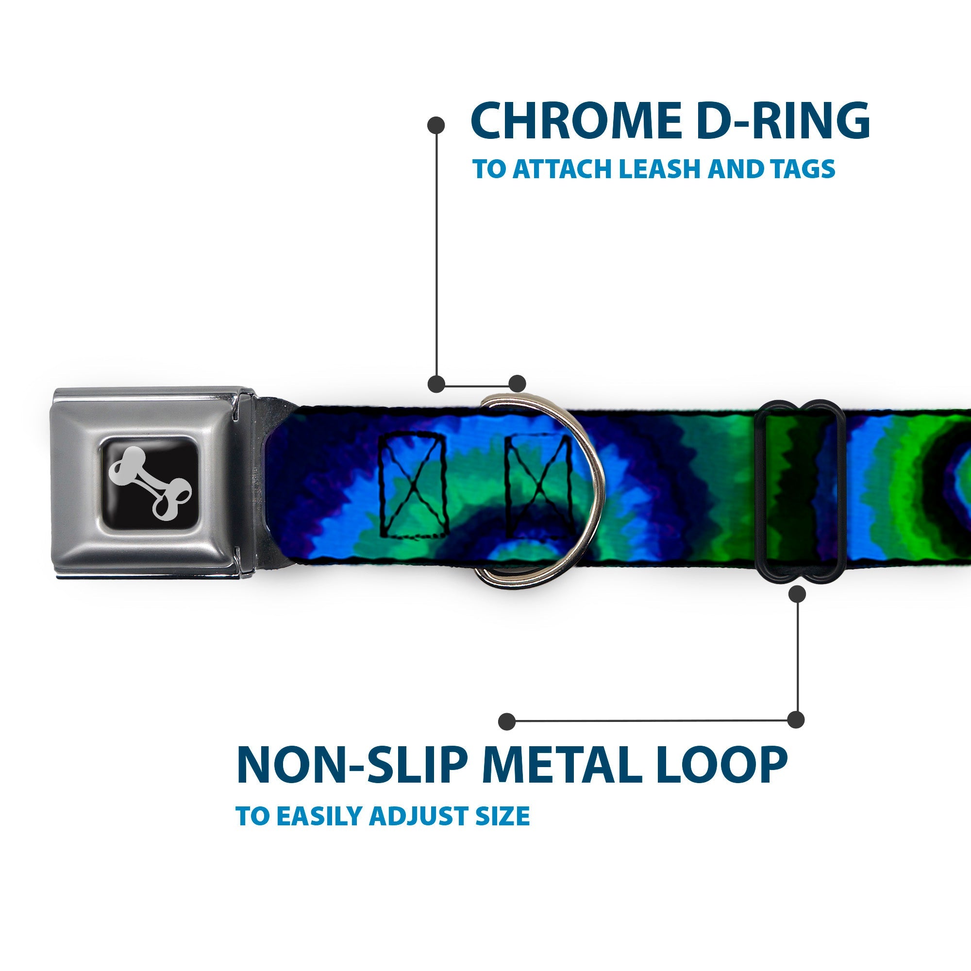 Dog Bone Seatbelt Buckle Collar - Tie Dye Swirl Green/Blue/Purple