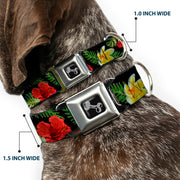 Dog Bone Seatbelt Buckle Collar - Tropical Floral Collage Black/Red/Orange