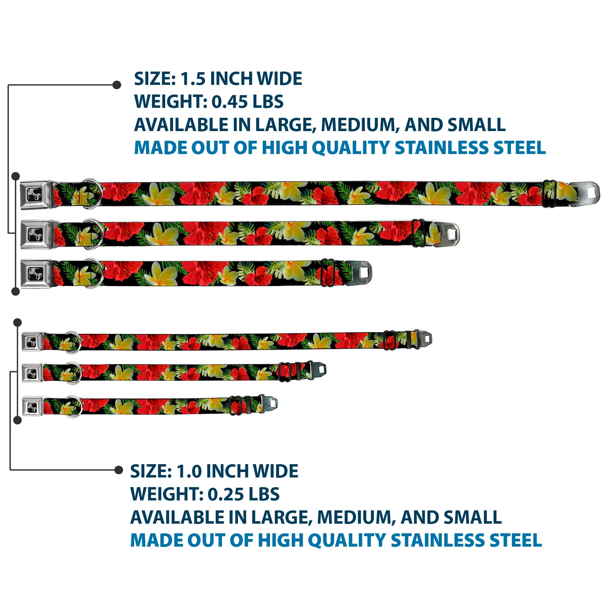 Dog Bone Seatbelt Buckle Collar - Tropical Floral Collage Black/Red/Orange