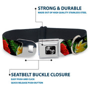 Dog Bone Seatbelt Buckle Collar - Tropical Floral Collage Black/Red/Orange