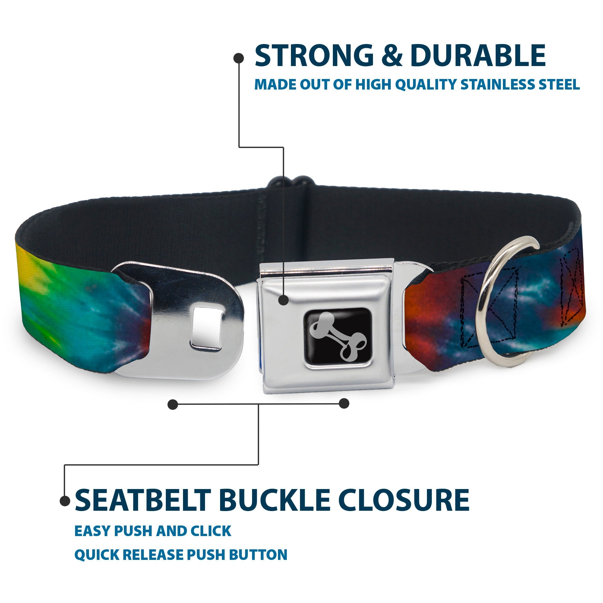 Dog Bone Seatbelt Buckle Collar - Tie Dye Swirl Multi Color