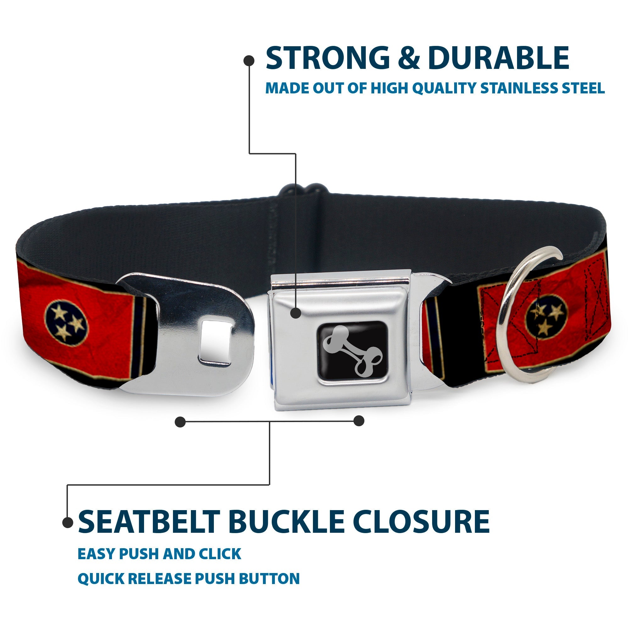 Dog Bone Seatbelt Buckle Collar - Tennessee Flag/Black Distressed