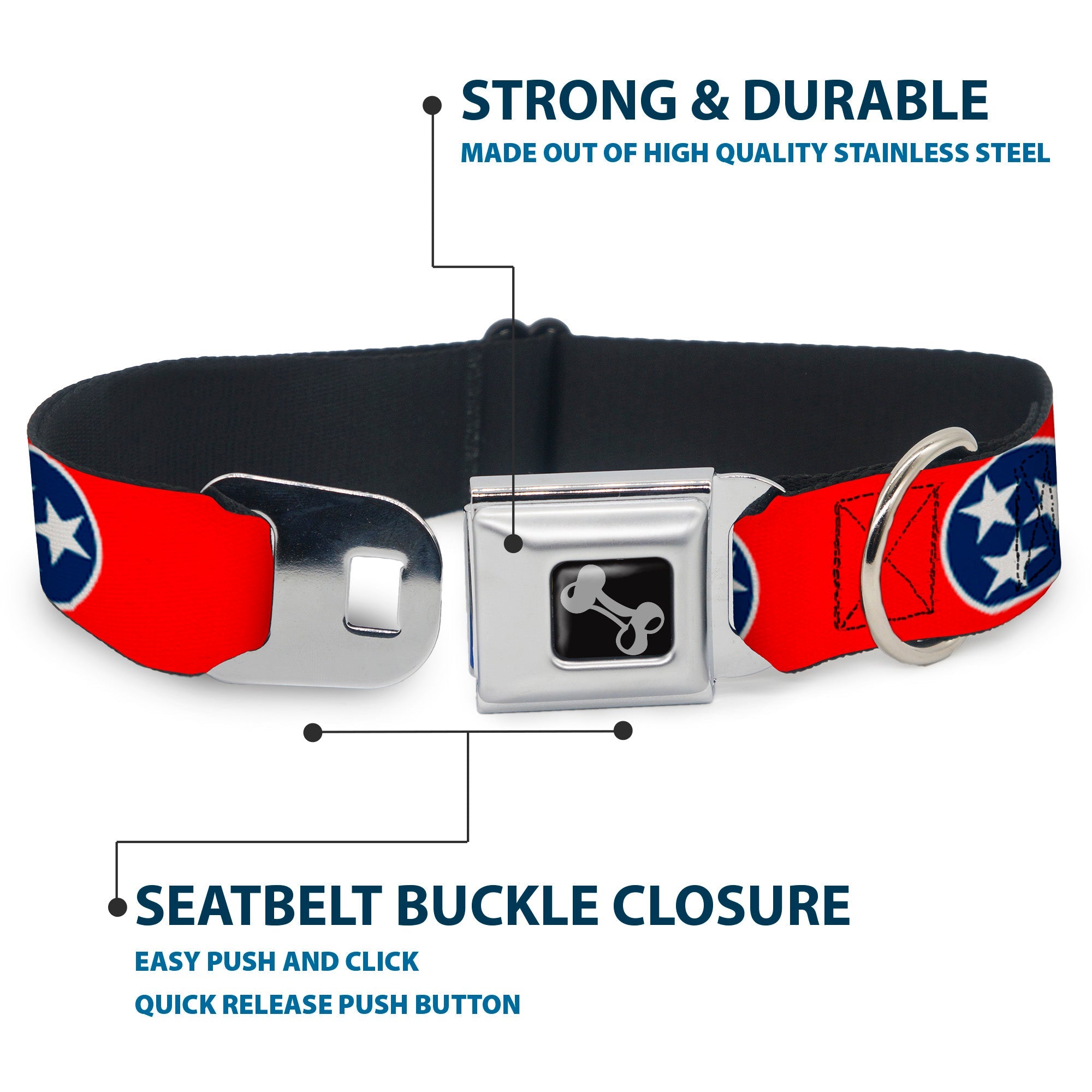 Dog Bone Seatbelt Buckle Collar - Tennessee Flag Stars Red/White/Blue