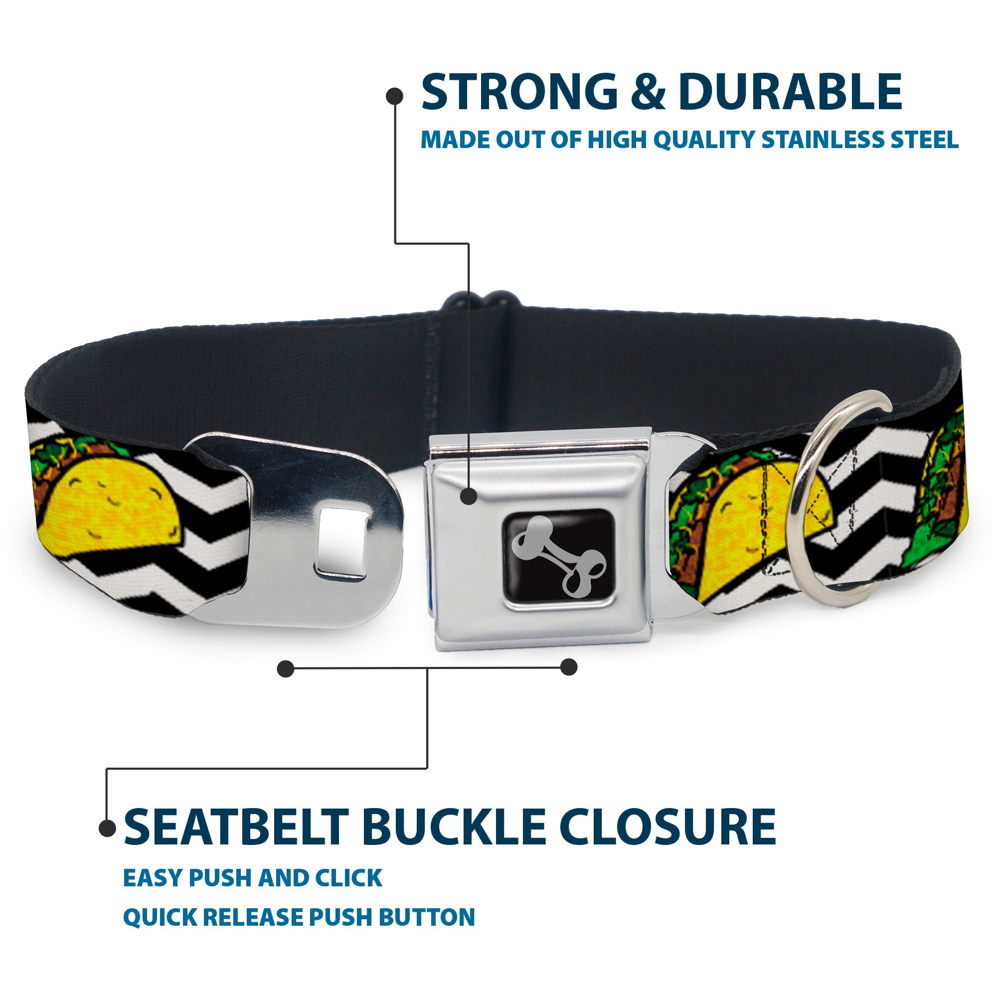 Southlake Paws Dog Bone Seatbelt Buckle Collar featuring a taco design with black and white chevron pattern. Durable stainles