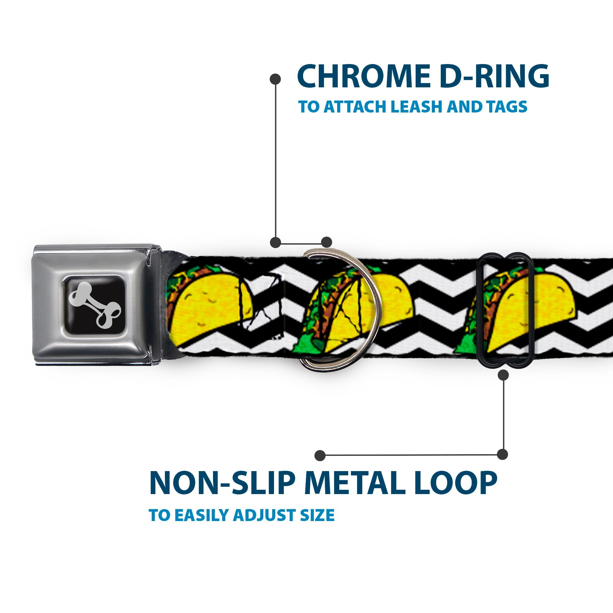 Southlake Paws Dog Bone Seatbelt Buckle Collar featuring taco and chevron black/white design with chrome D-ring and adjustabl