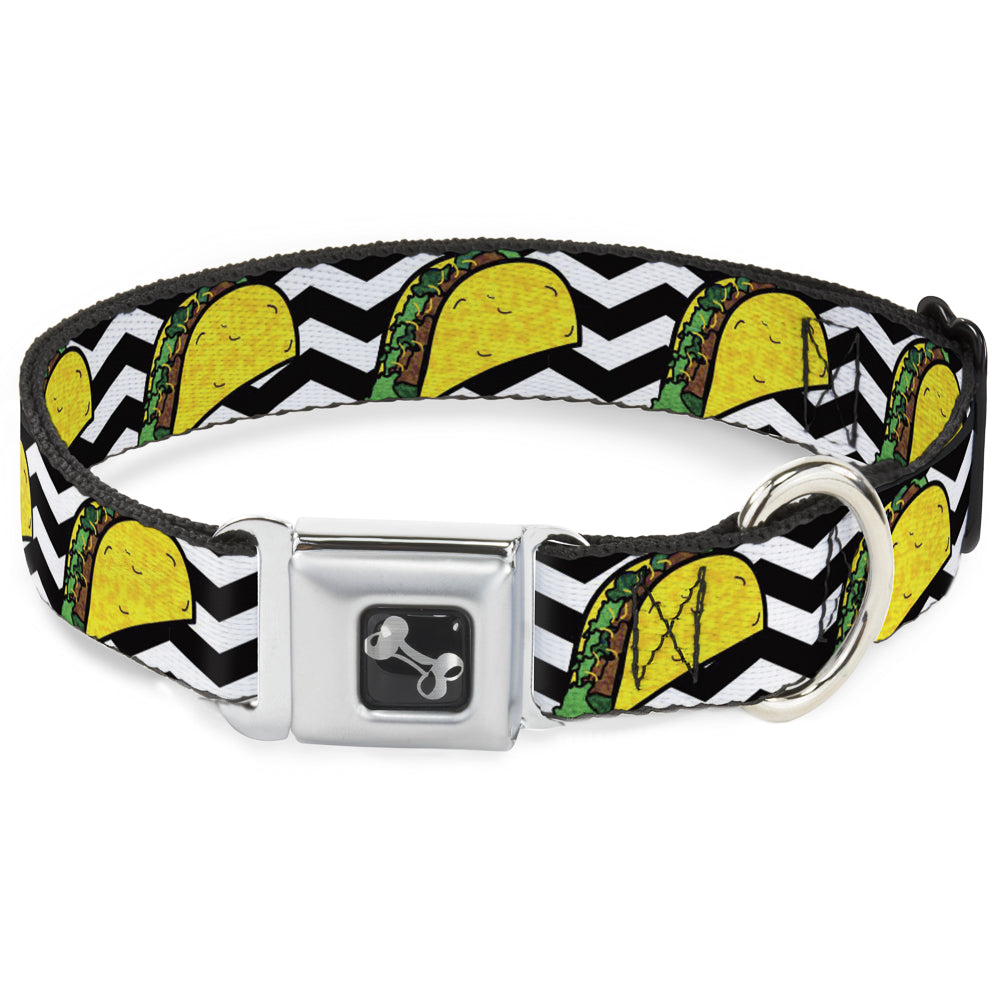 Dog Bone Seatbelt Buckle Collar by Southlake Paws featuring a taco and black/white chevron pattern. Durable and stylish desig