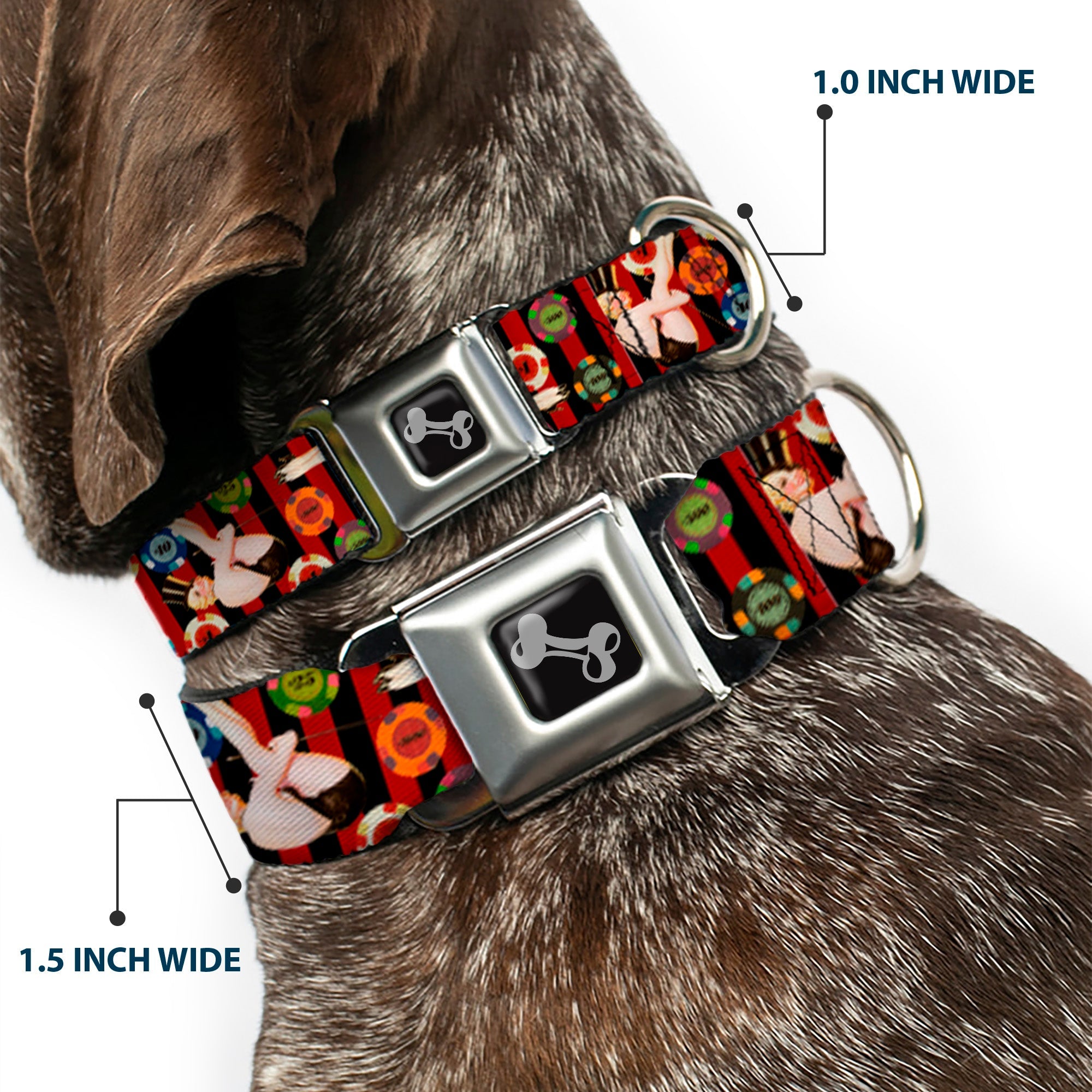 Dog Bone Seatbelt Buckle Collar - Top Hat Pin Up Girl/Poker Chips Vertical Stripes Red/Black