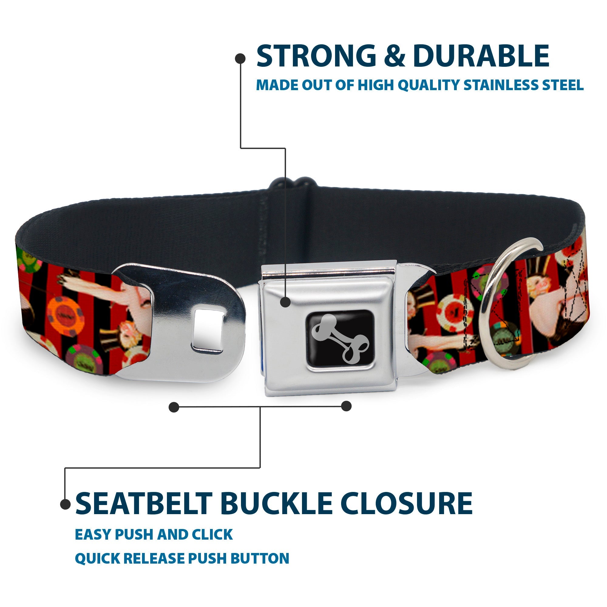 Dog Bone Seatbelt Buckle Collar - Top Hat Pin Up Girl/Poker Chips Vertical Stripes Red/Black