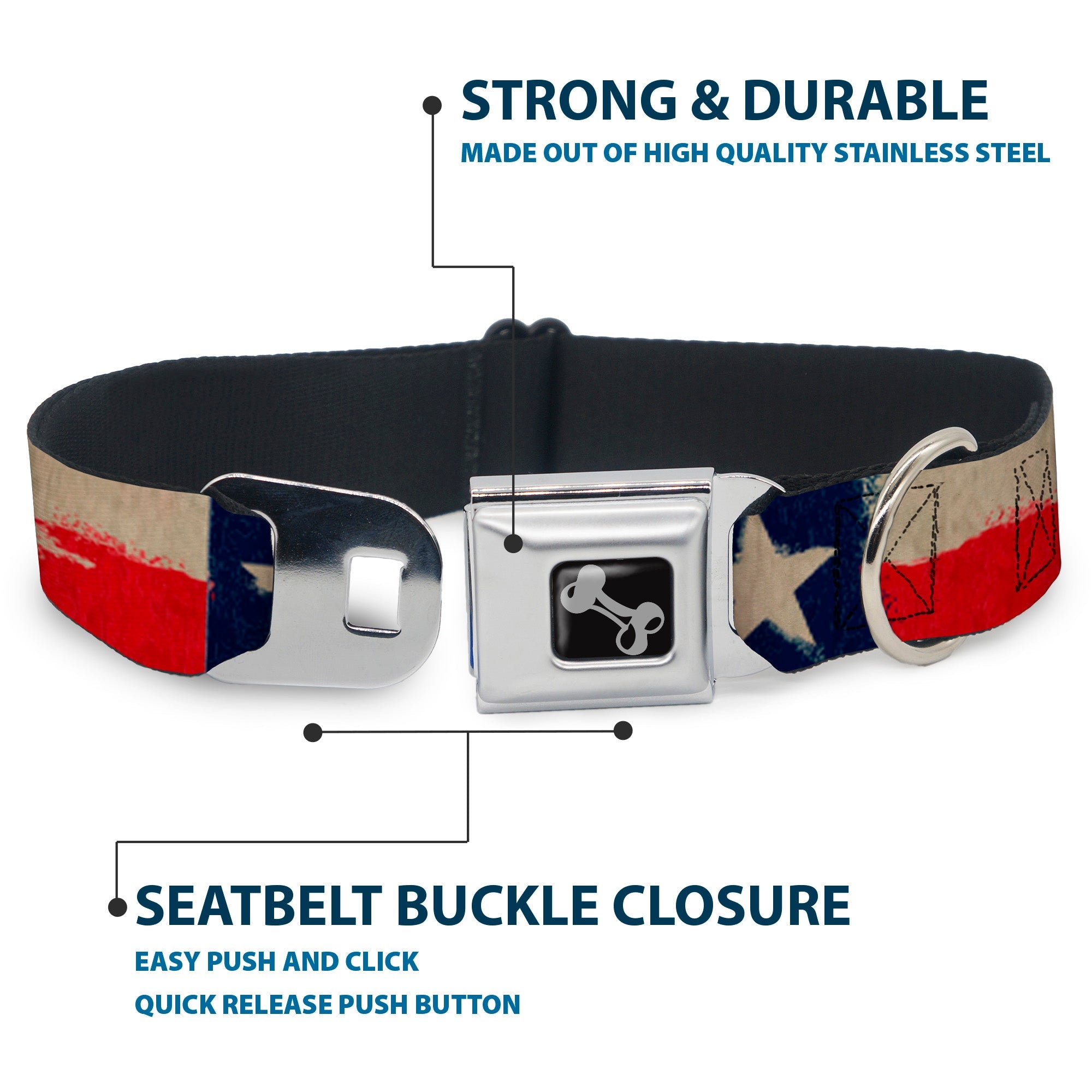 Dog Bone Seatbelt Buckle Collar - Texas Flag CLOSE-UP Distressed Painting