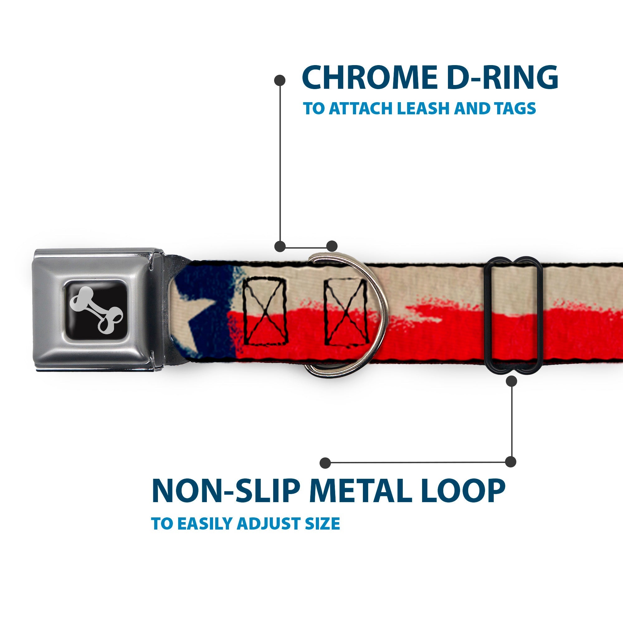Dog Bone Seatbelt Buckle Collar - Texas Flag CLOSE-UP Distressed Painting