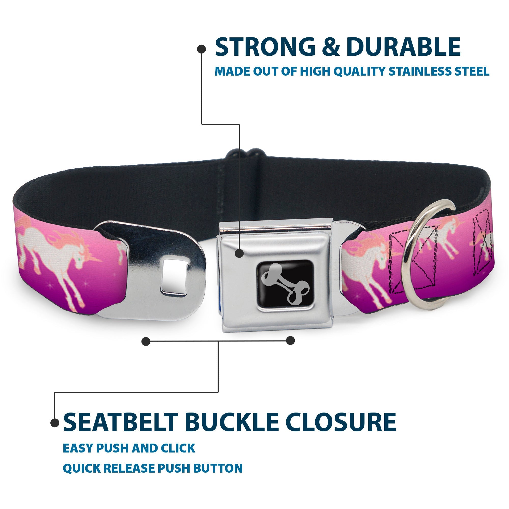 Dog Bone Seatbelt Buckle Collar - Unicorn Sparkles Purple/Pink