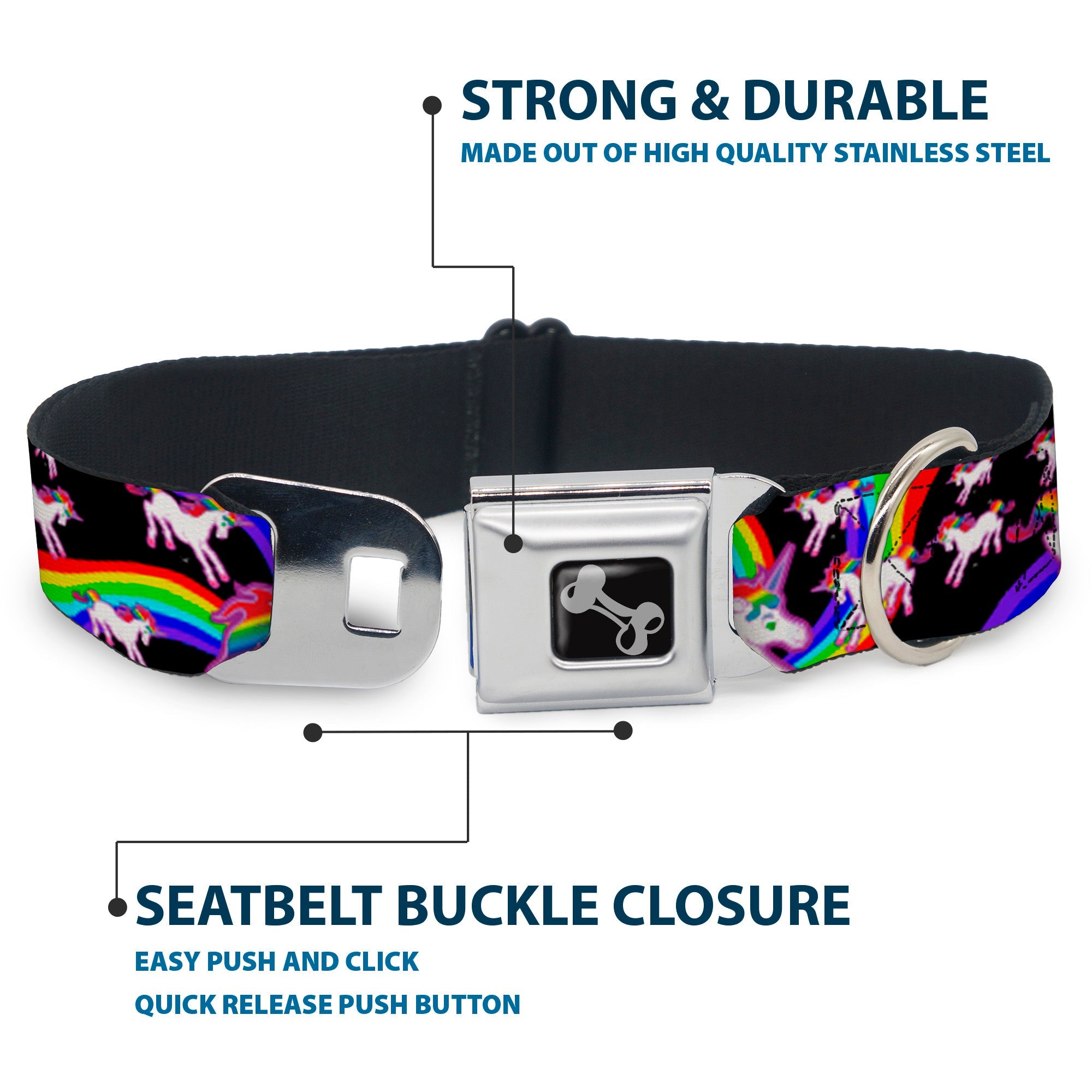 Dog Bone Seatbelt Buckle Collar - Unicorns/Rainbow Swirl Black