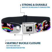 Dog Bone Seatbelt Buckle Collar - Unicorns/Rainbow Swirl Black