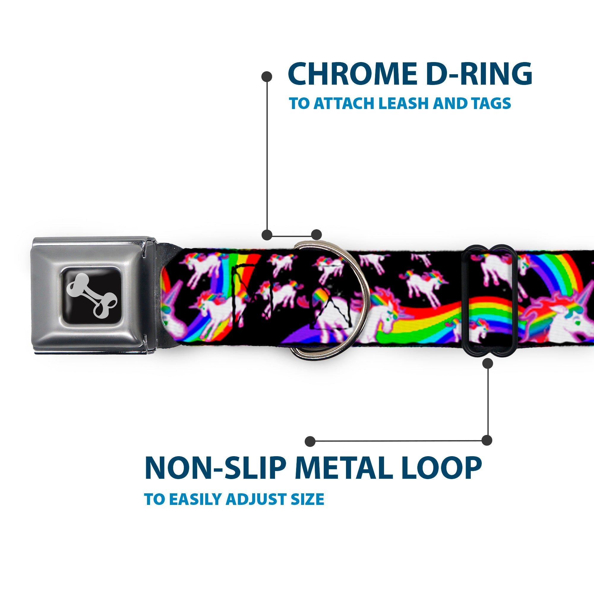 Dog Bone Seatbelt Buckle Collar - Unicorns/Rainbow Swirl Black