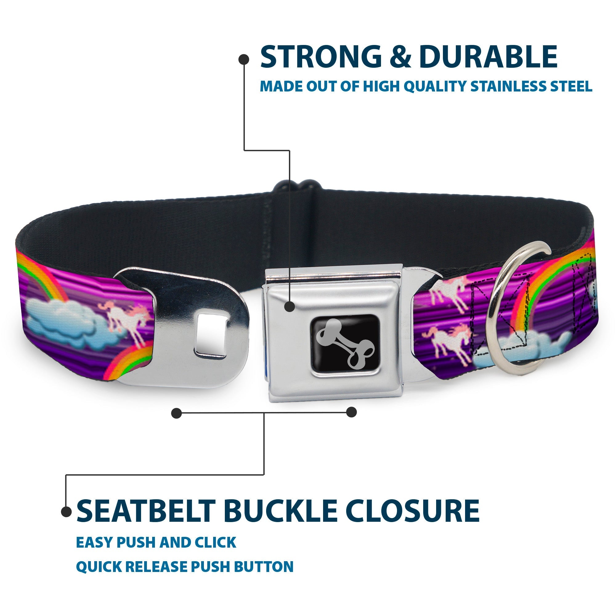 Dog Bone Seatbelt Buckle Collar - Unicorns/Rainbows w/Stripes Purple