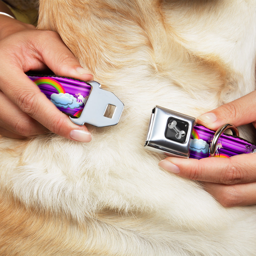 Dog Bone Seatbelt Buckle Collar - Unicorns/Rainbows w/Stripes Purple