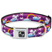 Dog Bone Seatbelt Buckle Collar - Unicorns/Rainbows w/Stripes Purple