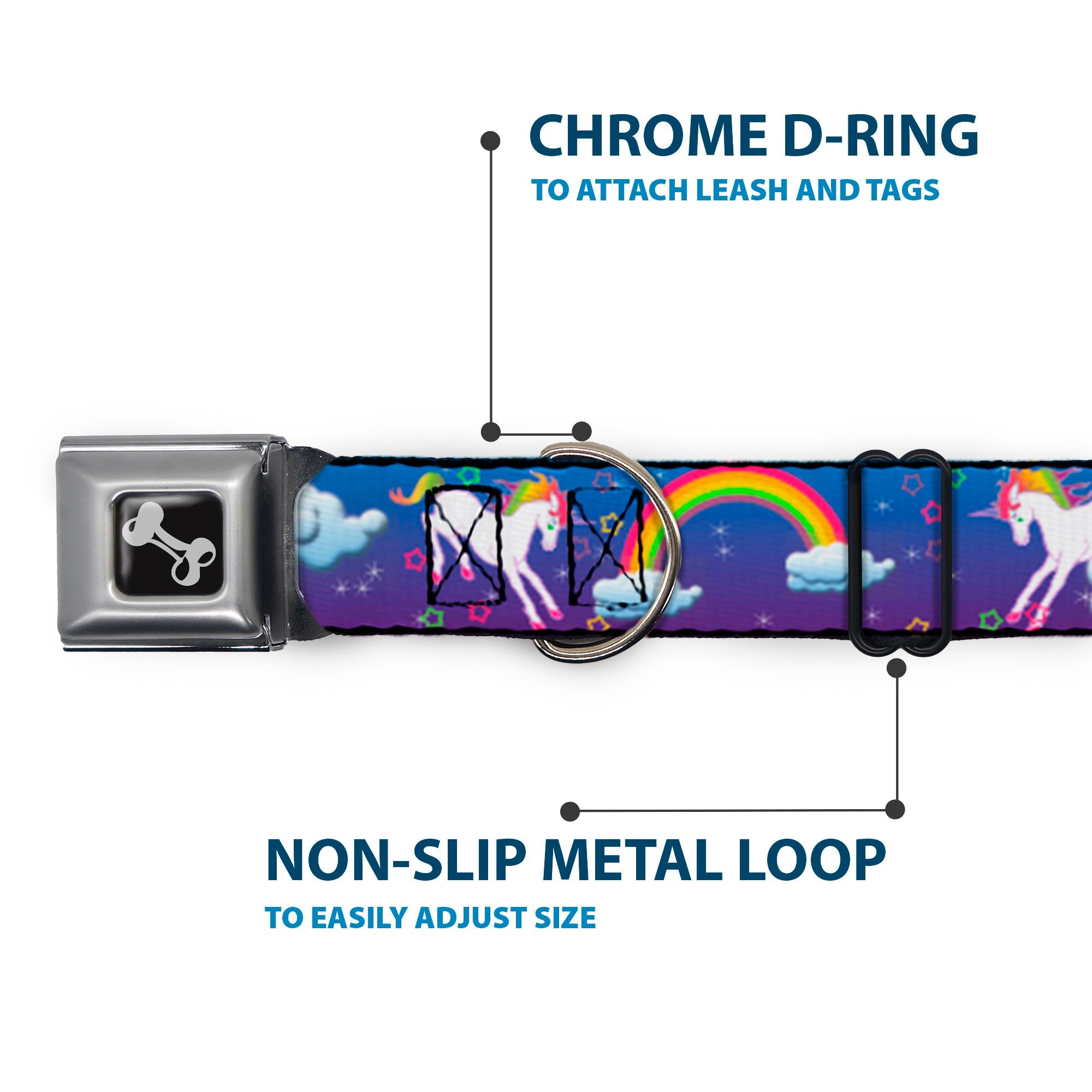 Dog Bone Seatbelt Buckle Collar - Unicorns/Rainbows/Stars Blue/Purple