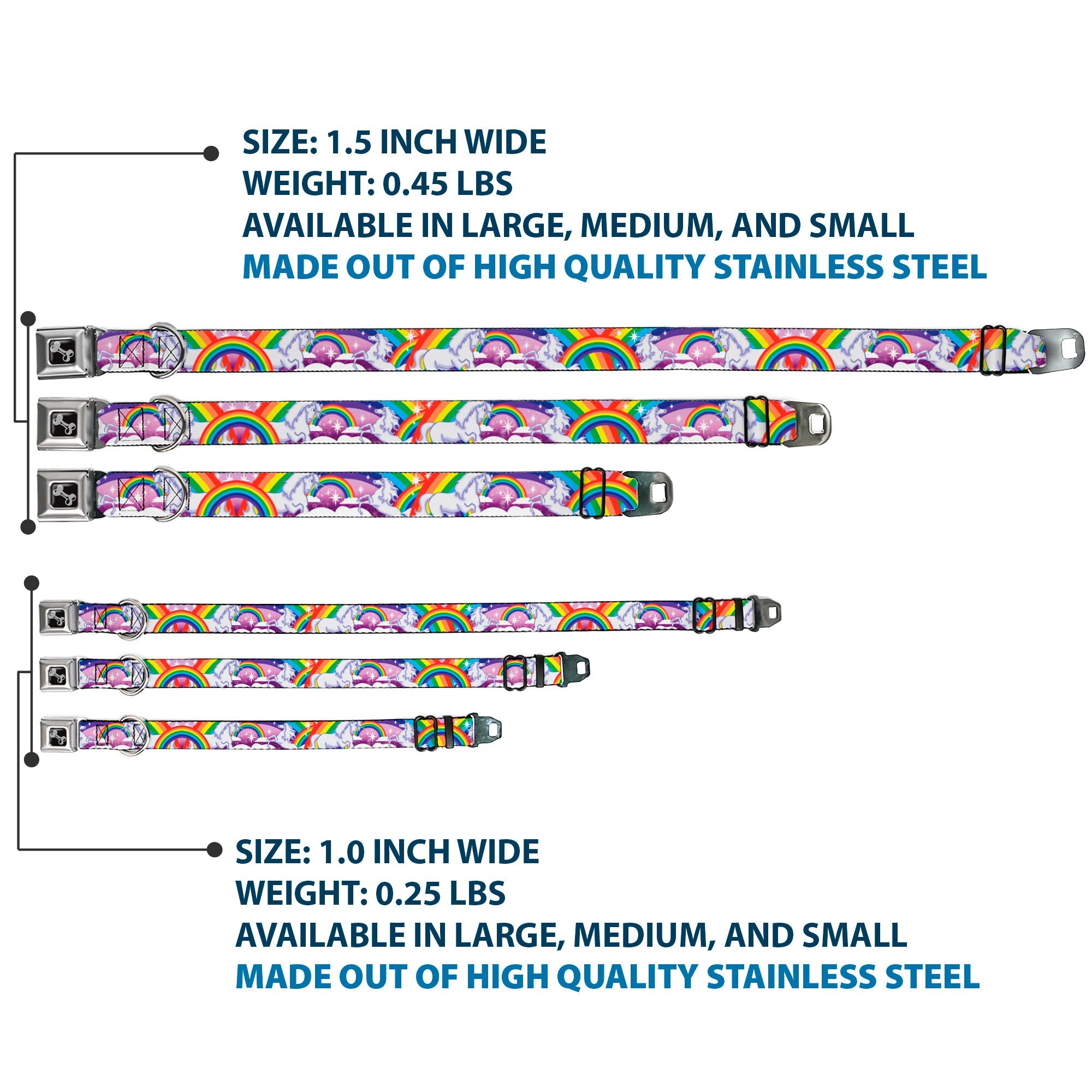Dog Bone Seatbelt Buckle Collar - Unicorns in Rainbows w/Sparkles/Purple