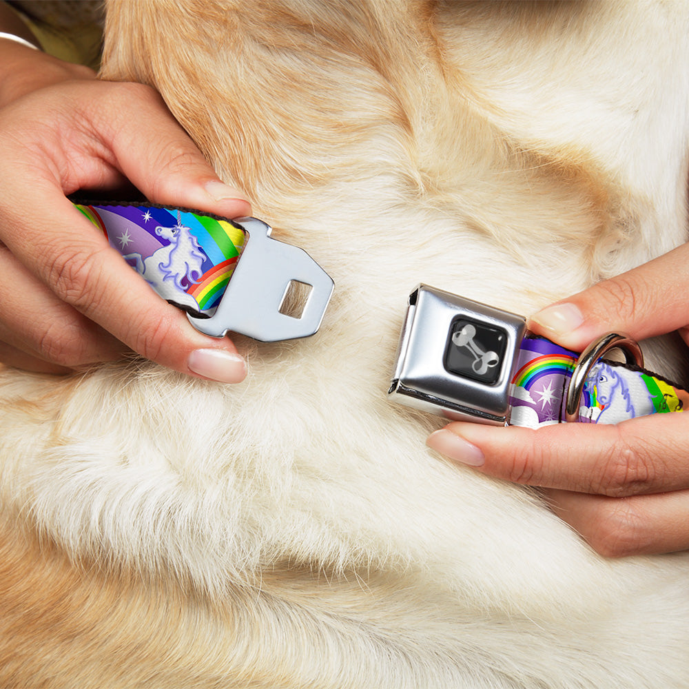 Dog Bone Seatbelt Buckle Collar - Unicorns in Rainbows w/Sparkles/Purple