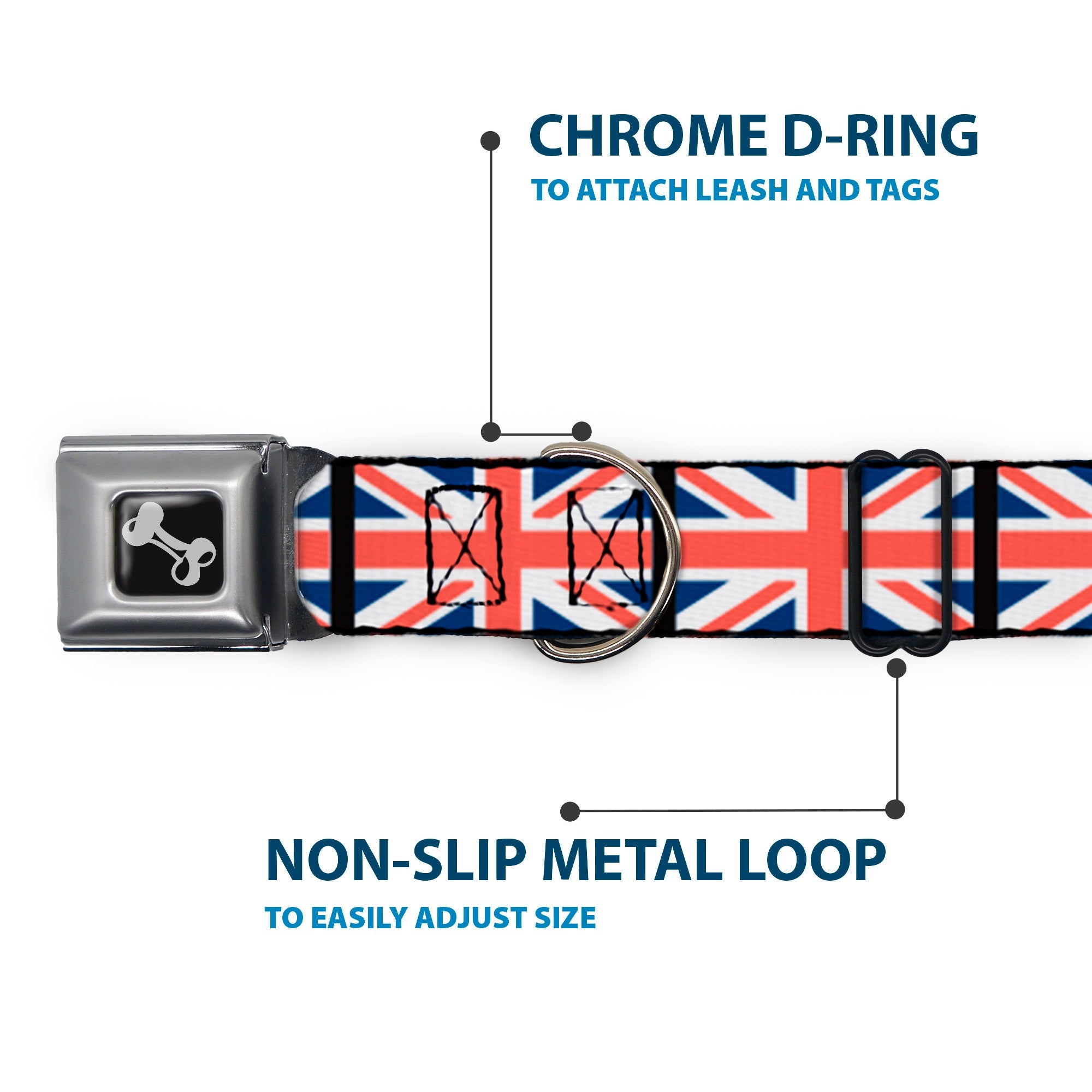 Dog Bone Seatbelt Buckle Collar - United Kingdom Flags
