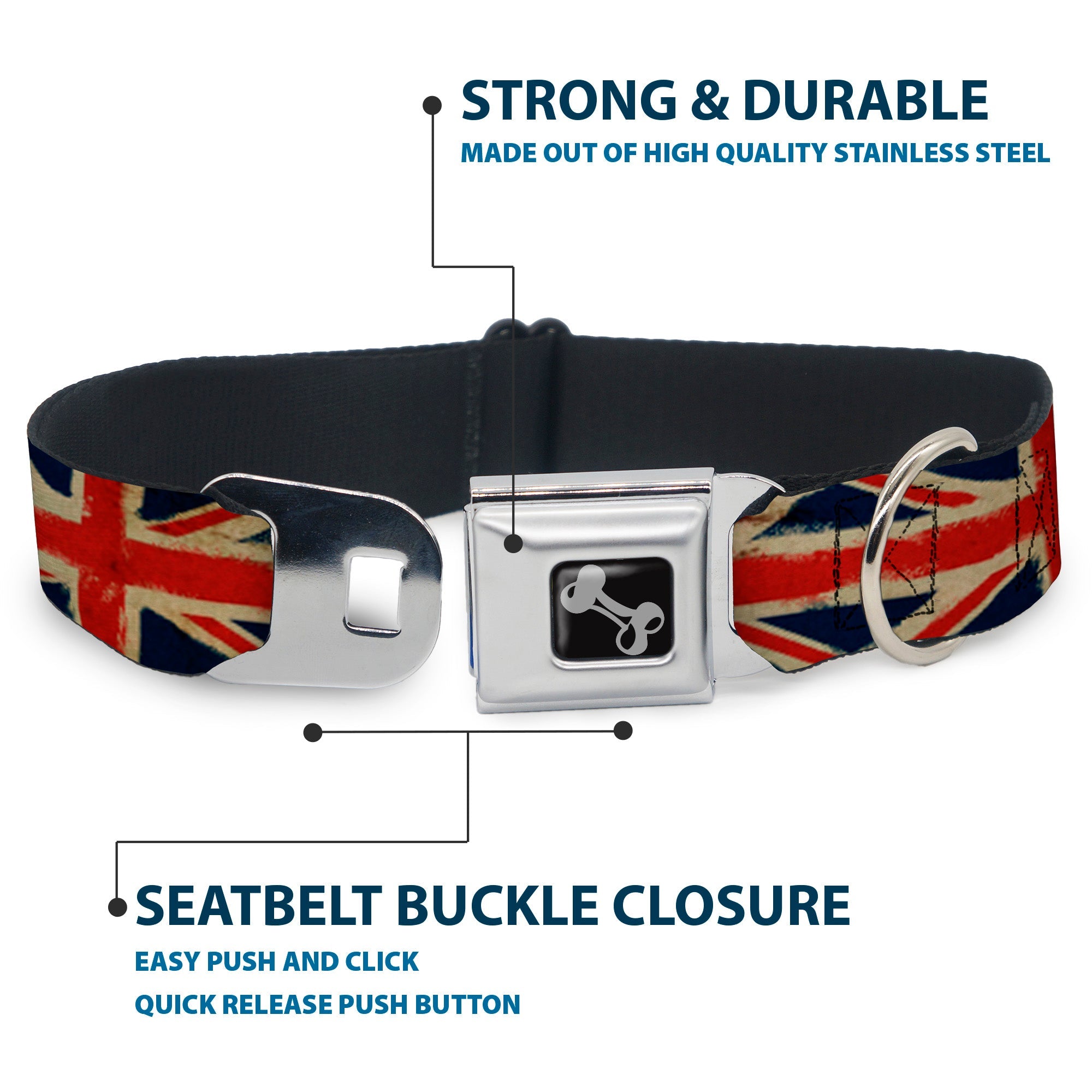 Dog Bone Seatbelt Buckle Collar - United Kingdom Flags Distressed Painting