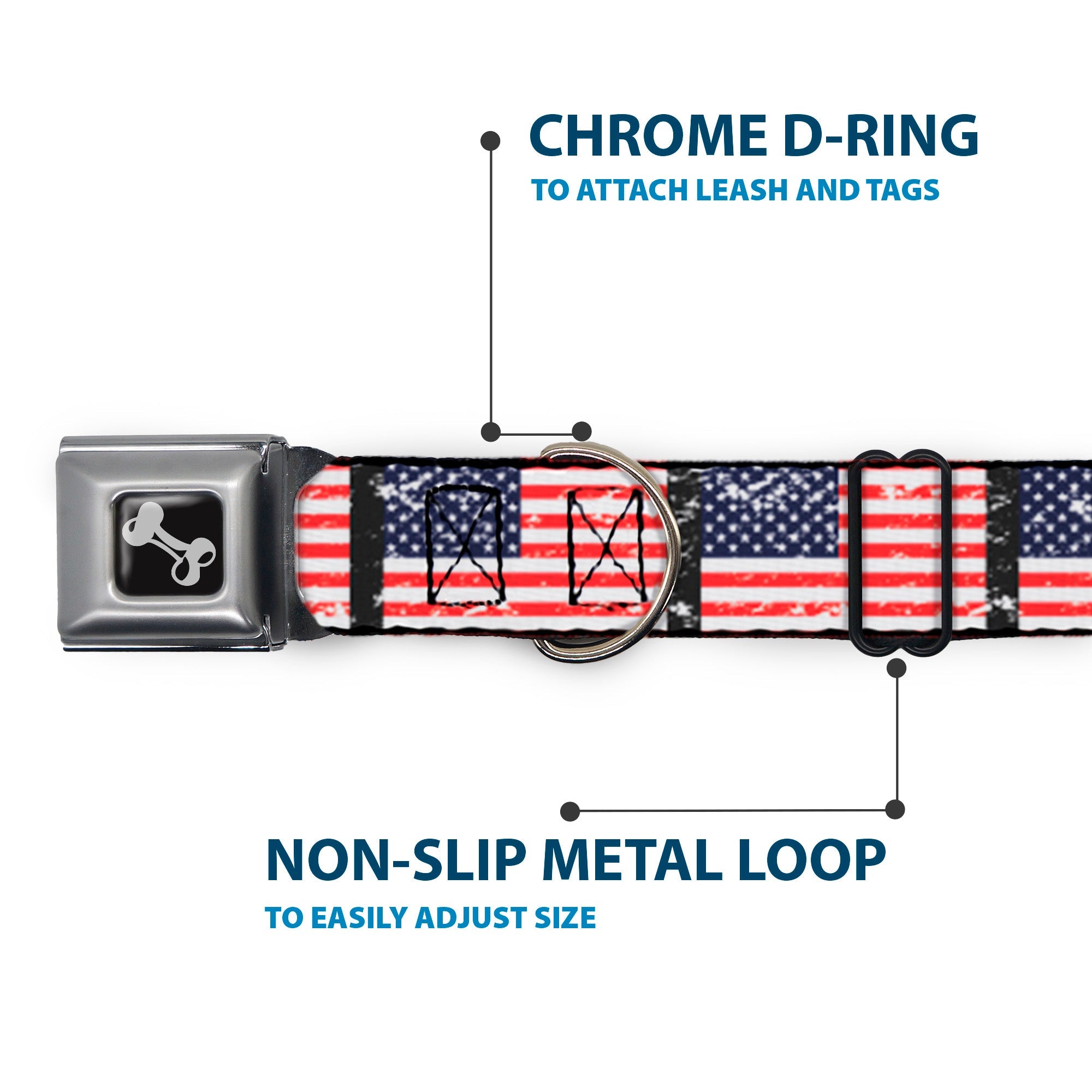 Dog Bone Seatbelt Buckle Collar - United States Flags Weathered/Black