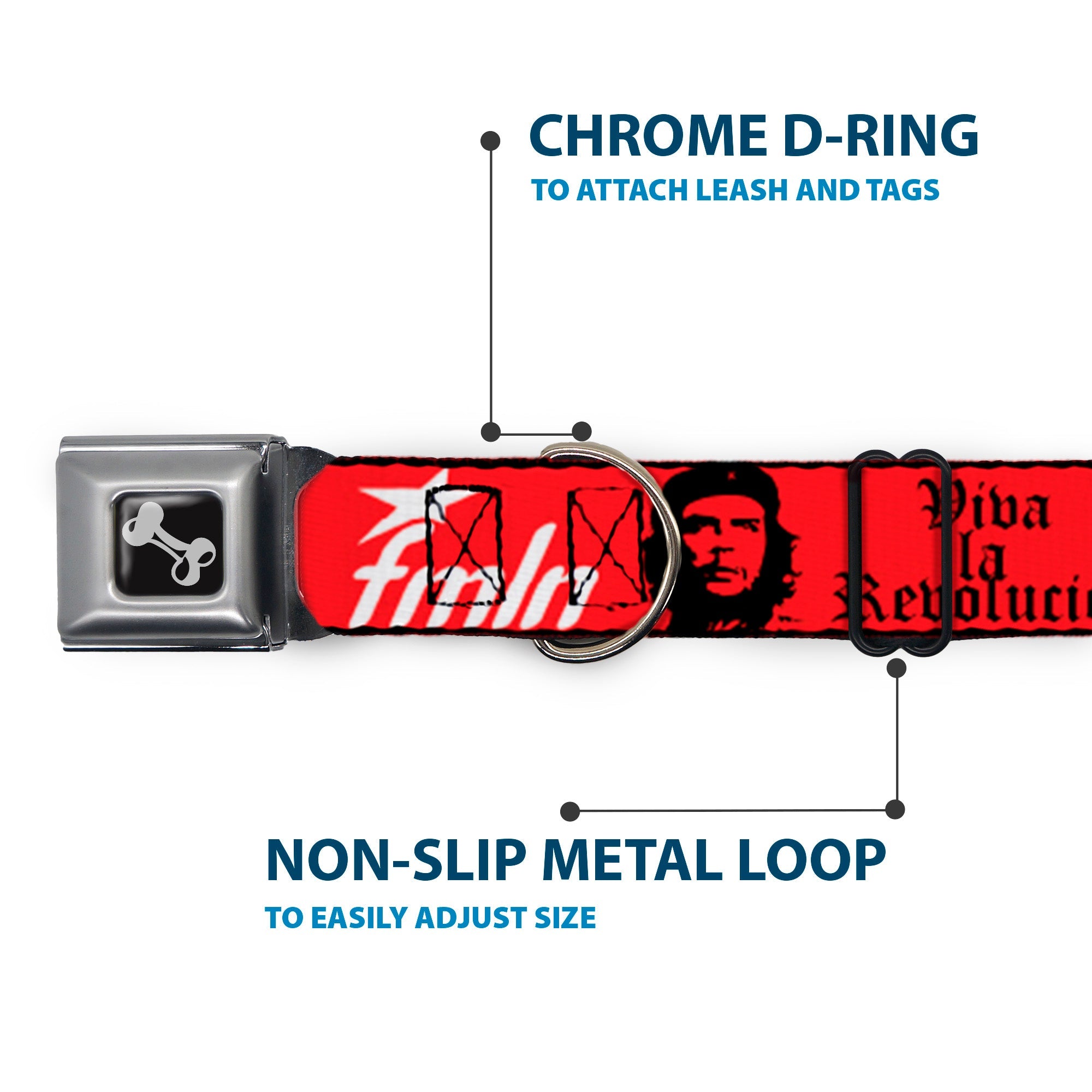 Dog Bone Seatbelt Buckle Collar - VIVA LA REVOLUCION Che w/fmln Red