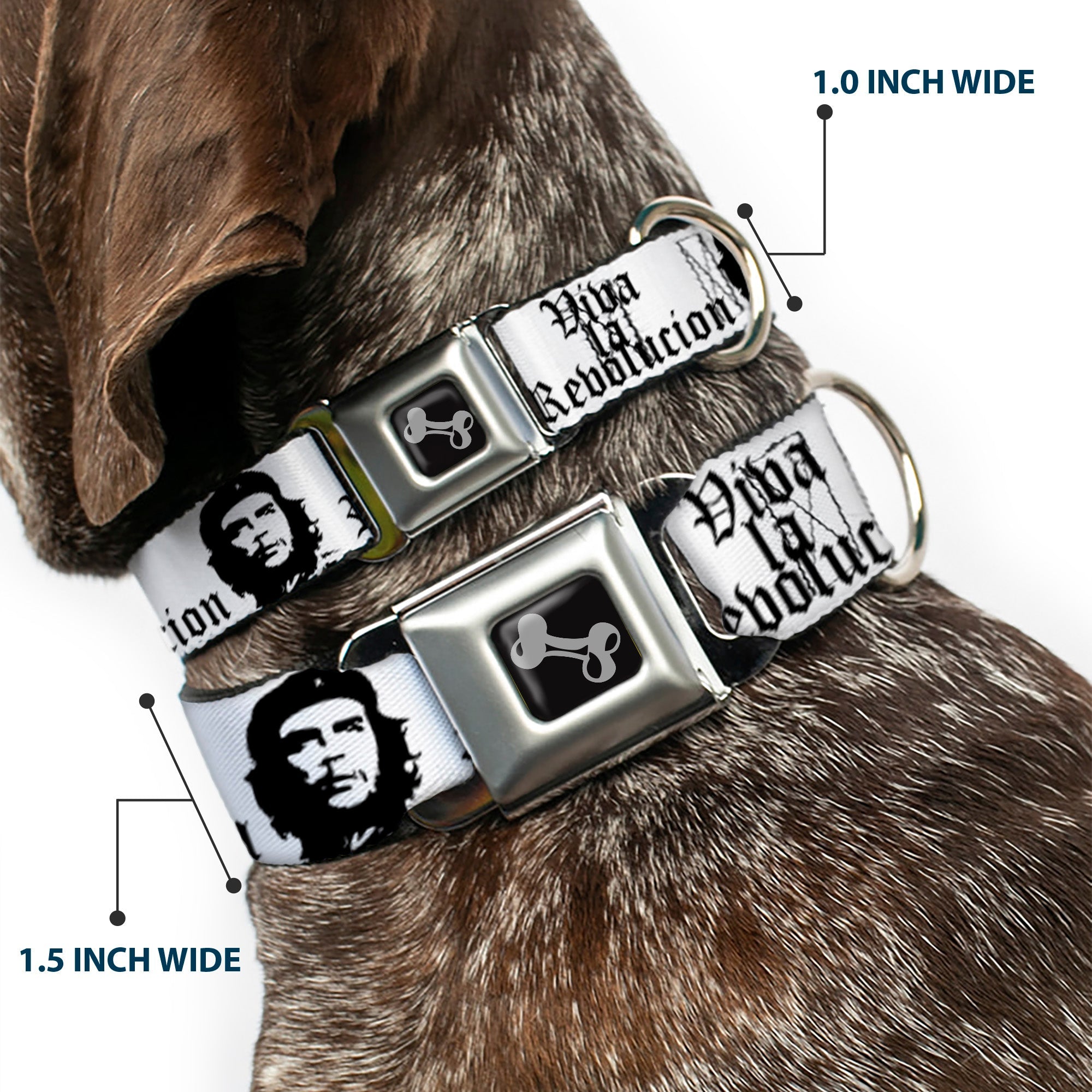 Dog Bone Seatbelt Buckle Collar - VIVA LA REVOLUCION Che White/Black