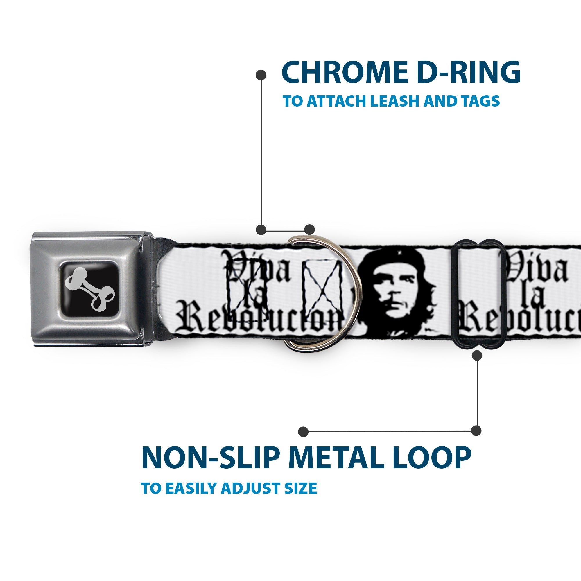 Dog Bone Seatbelt Buckle Collar - VIVA LA REVOLUCION Che White/Black