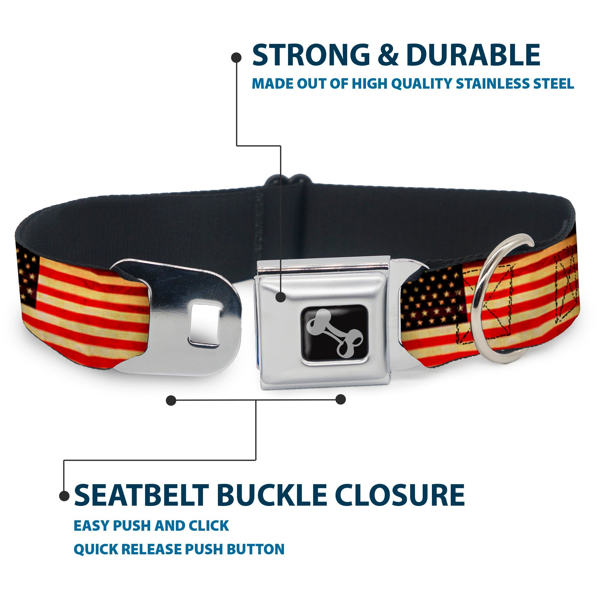 Dog Bone Seatbelt Buckle Collar - Vintage US Flag Repeat