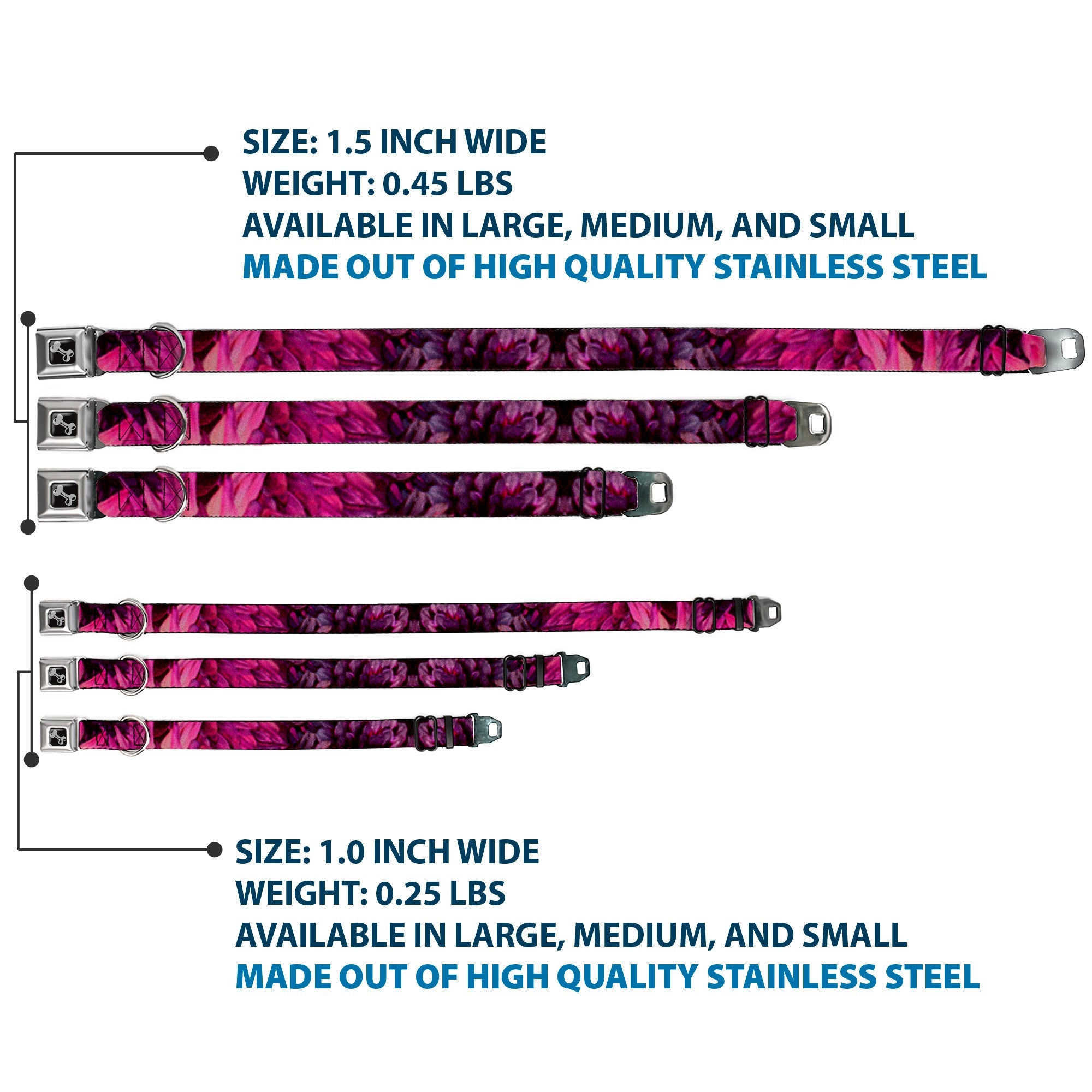 Dog Bone Seatbelt Buckle Collar - Vivid Floral Collage Pinks
