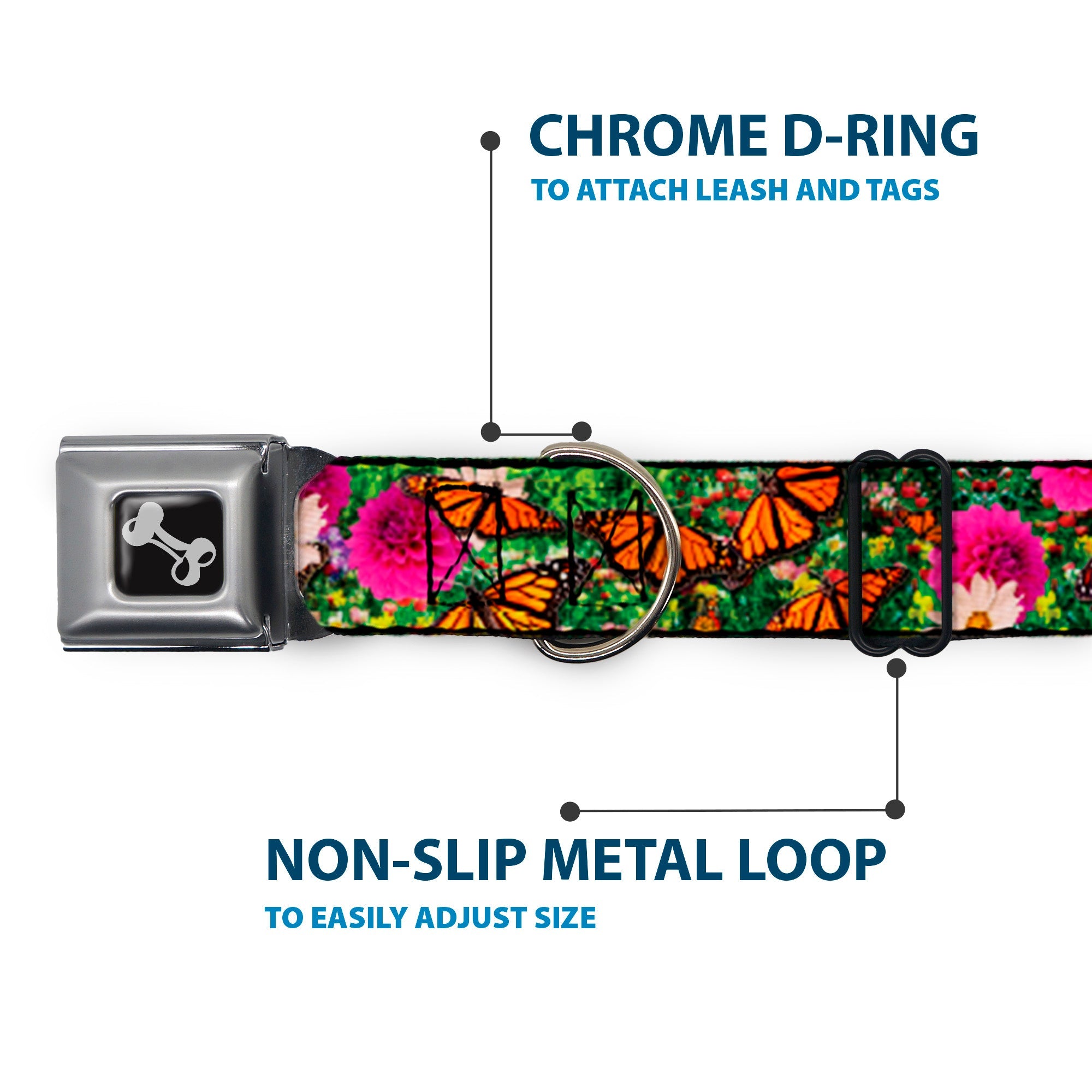 Dog Bone Seatbelt Buckle Collar - Vivid Monarch Butterfly Garden
