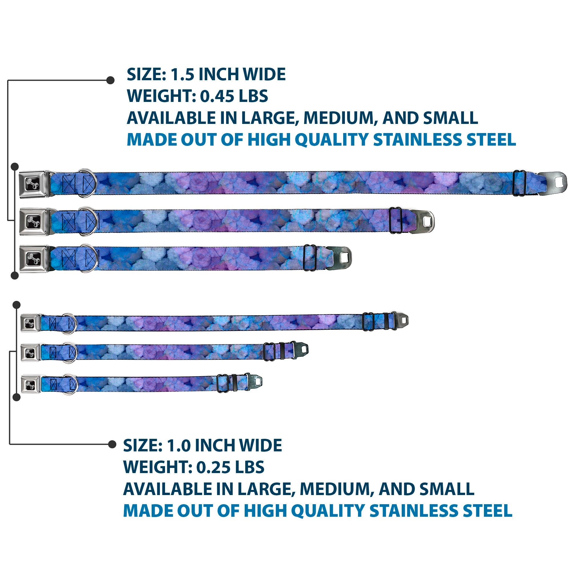 Dog Bone Seatbelt Buckle Collar - Vivid Floral Collage3 Blues/Purples