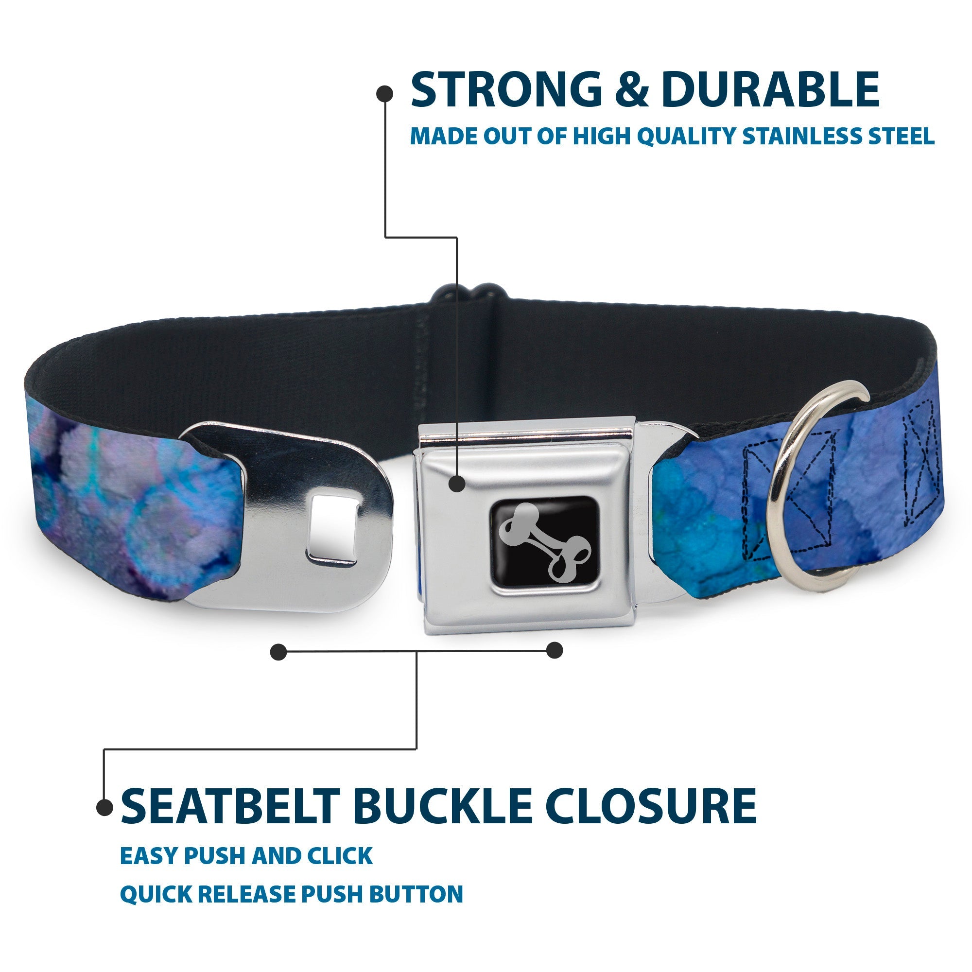 Dog Bone Seatbelt Buckle Collar - Vivid Floral Collage3 Blues/Purples