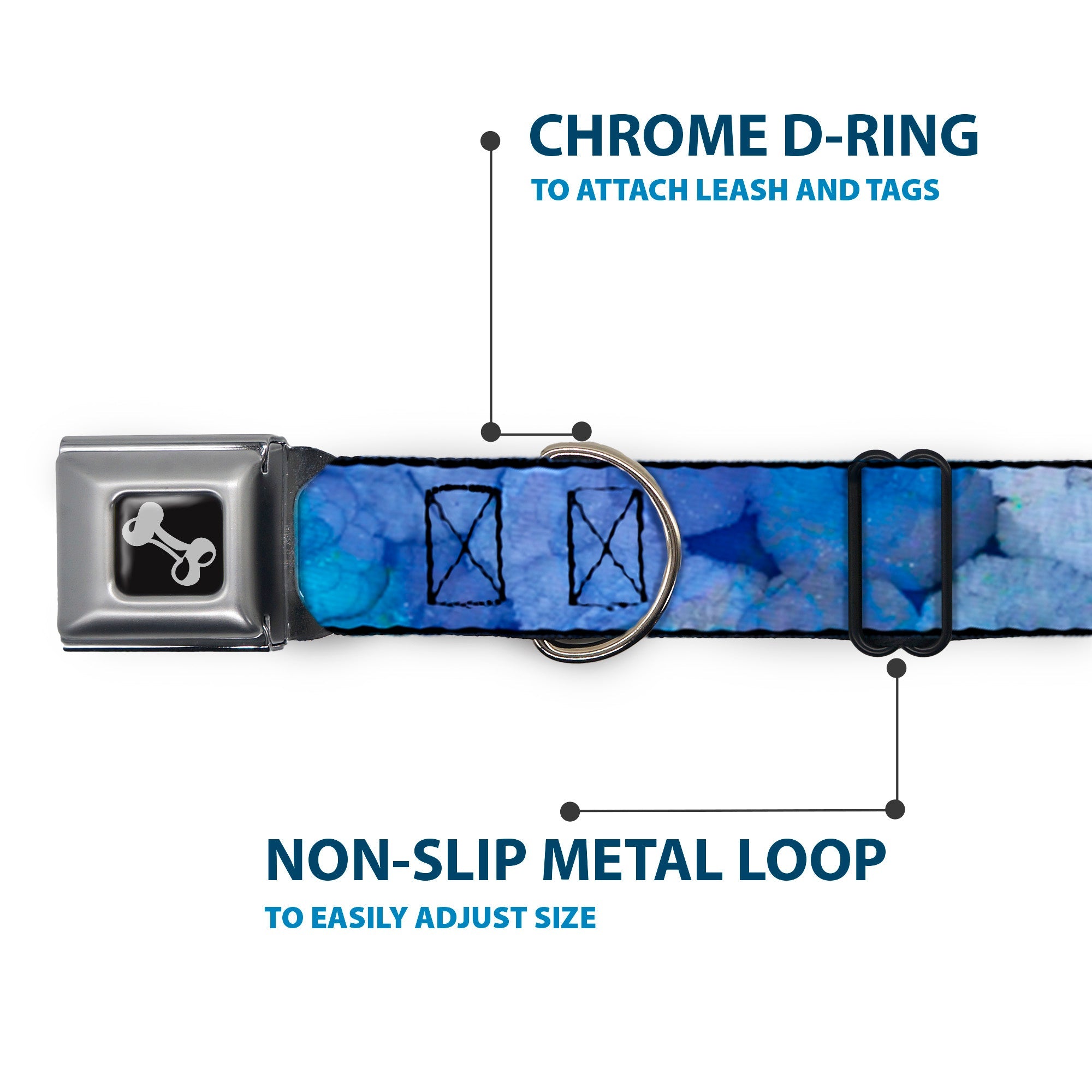 Dog Bone Seatbelt Buckle Collar - Vivid Floral Collage3 Blues/Purples