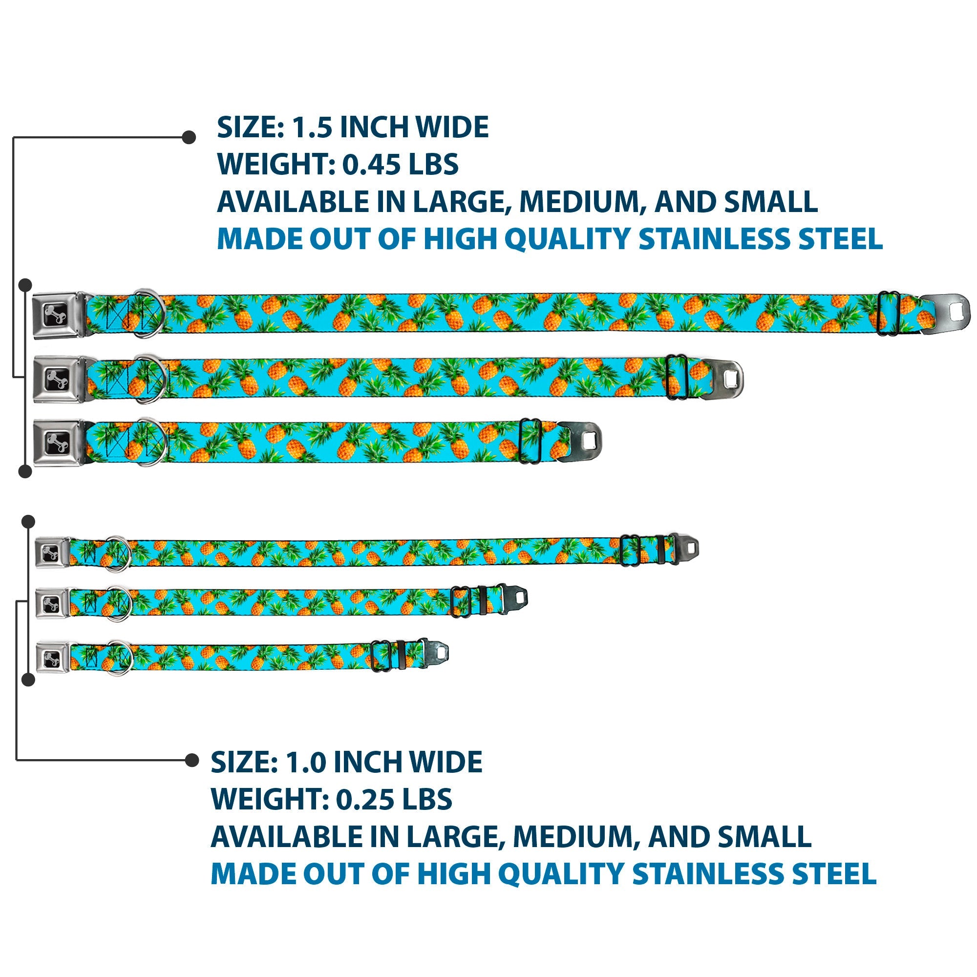 Dog Bone Seatbelt Buckle Collar - Vivid Pineapples Scattered Blue