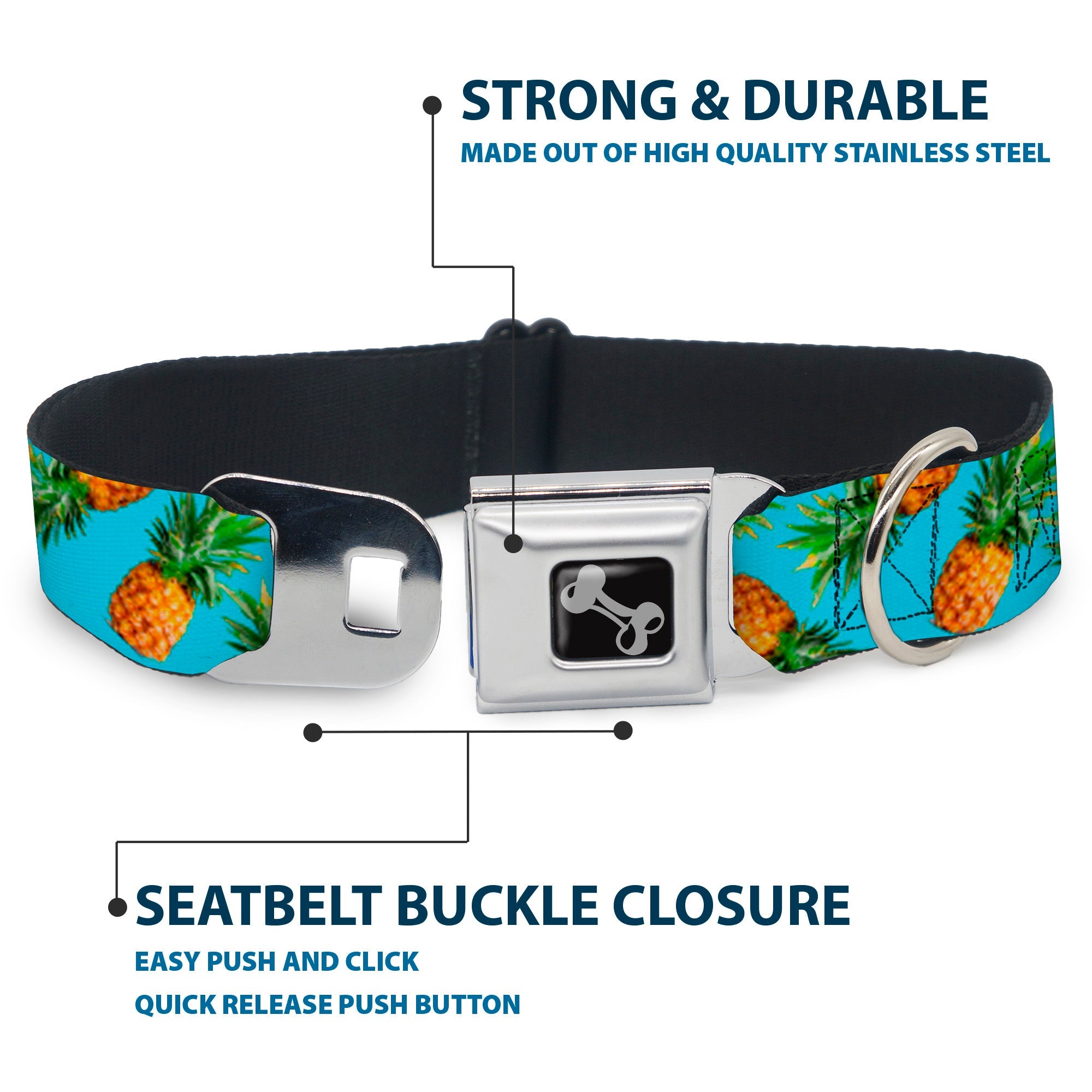 Dog Bone Seatbelt Buckle Collar - Vivid Pineapples Scattered Blue
