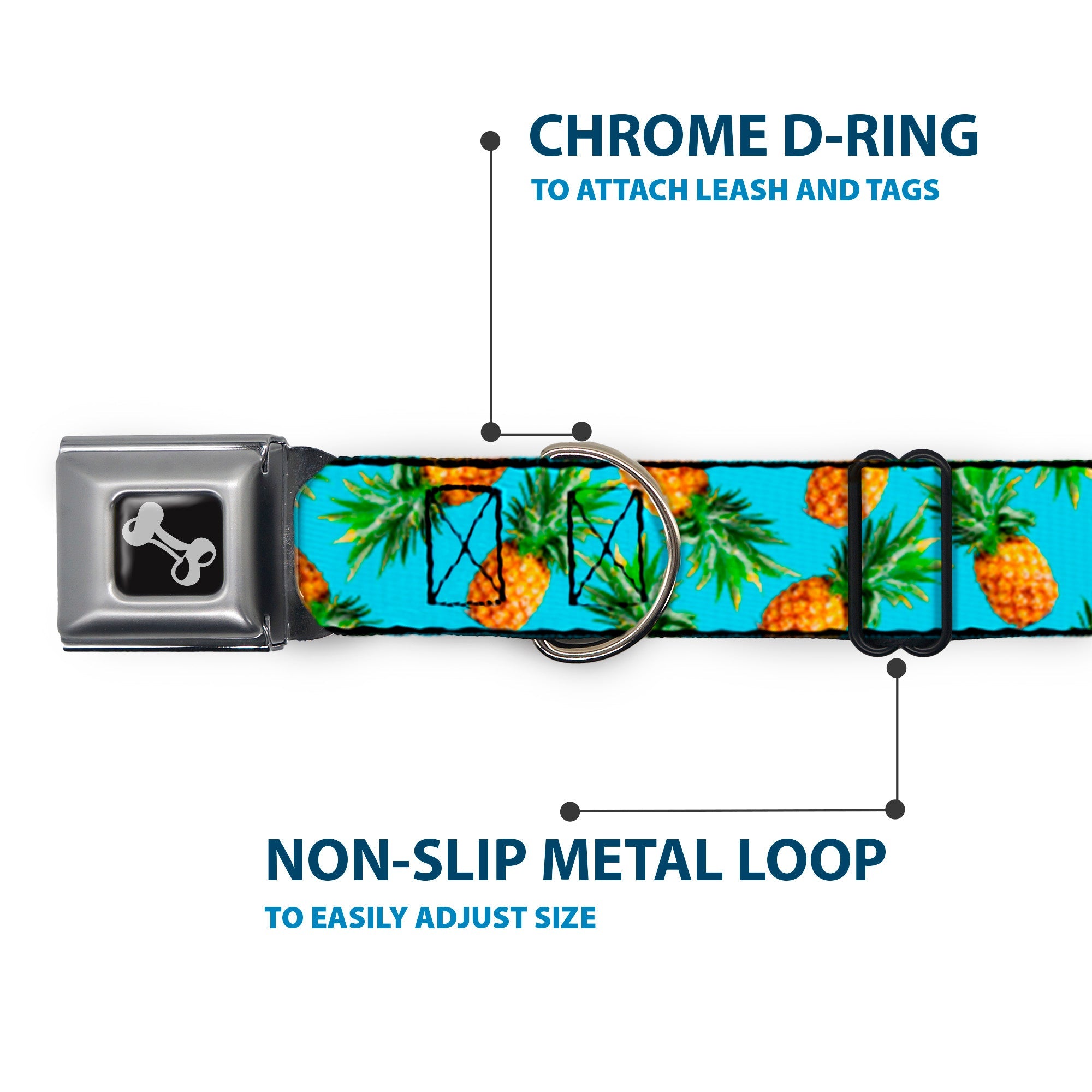 Dog Bone Seatbelt Buckle Collar - Vivid Pineapples Scattered Blue
