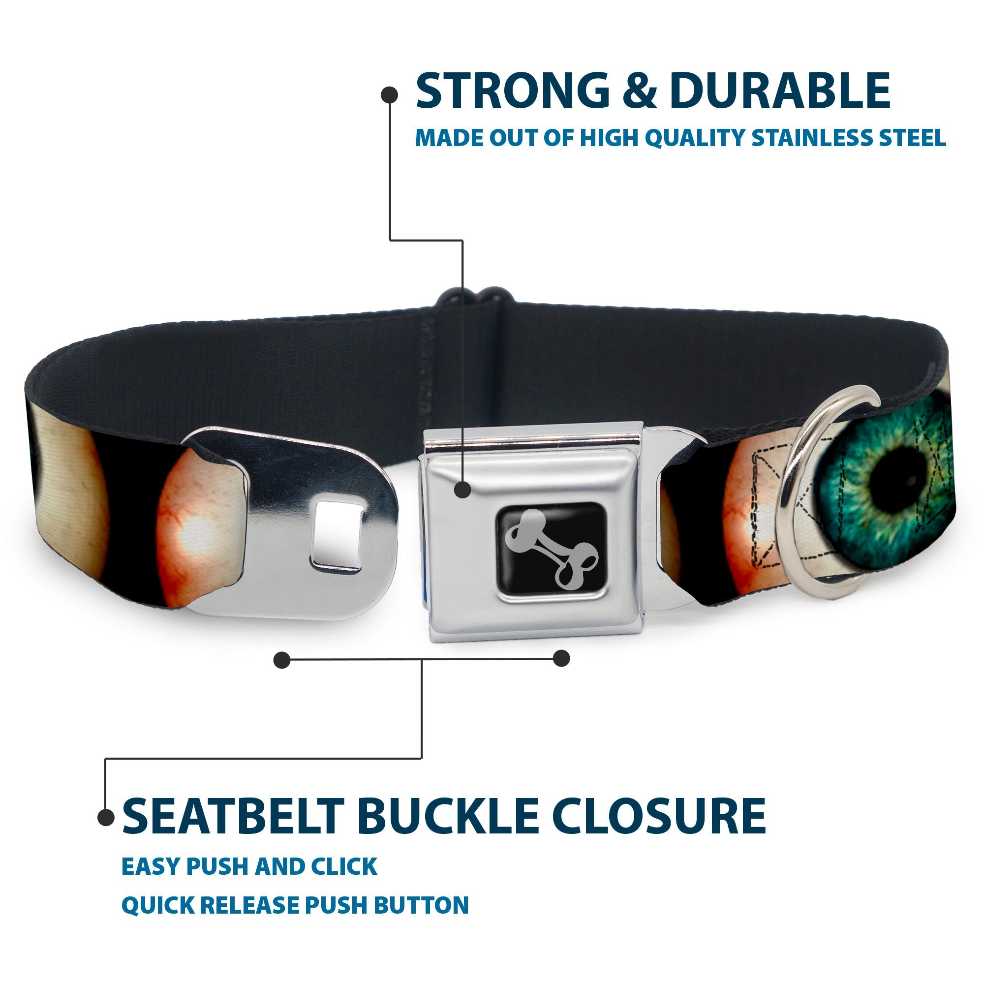 Dog Bone Seatbelt Buckle Collar - Vivid Blue Eyeball Black